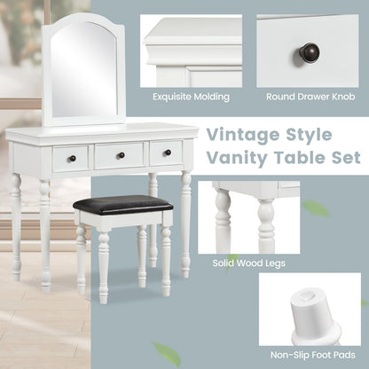 Makeup Vanity Table and Stool Set with Detachable Mirror and 3 Drawers Storage, White Makeup Vanities   at Gallery Canada