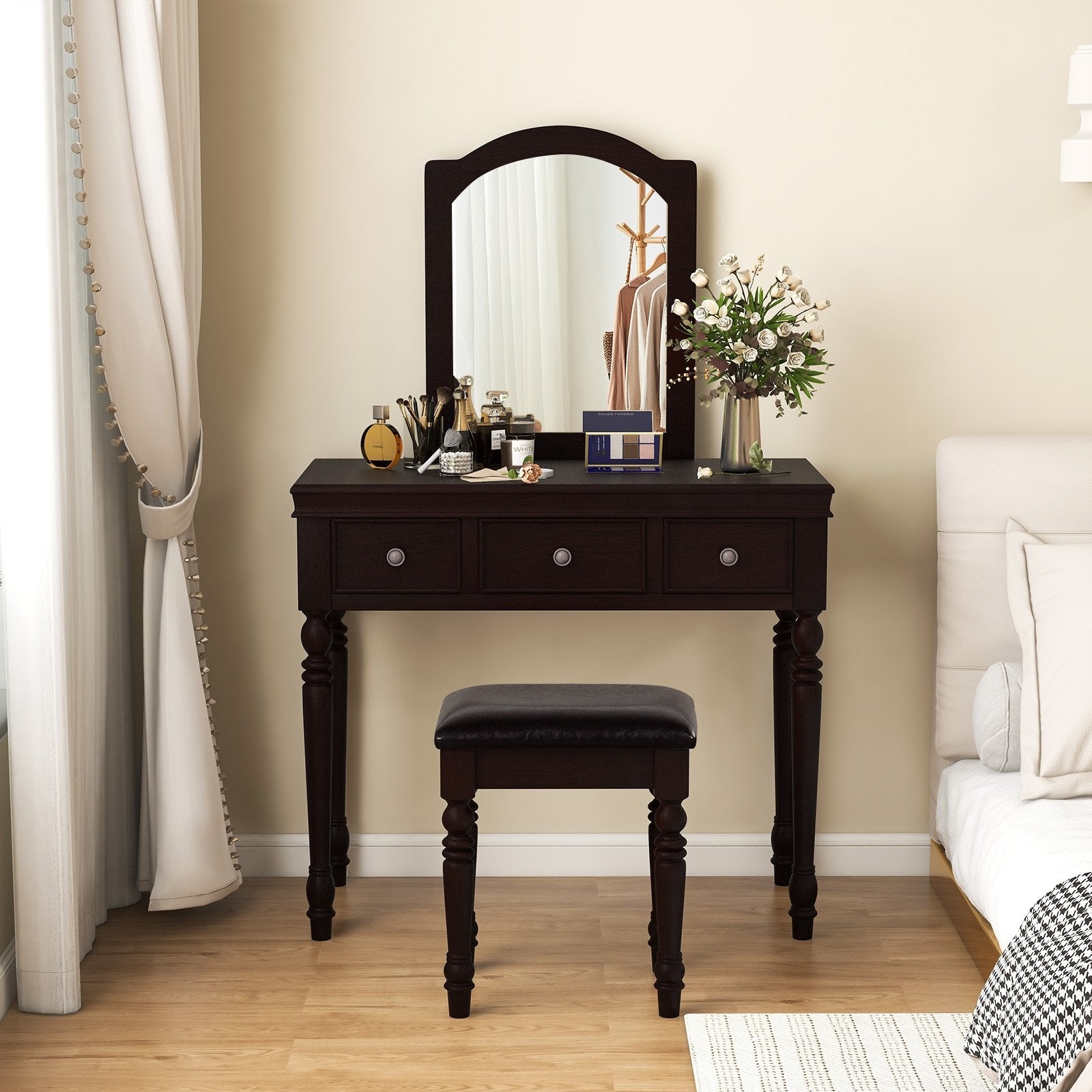 Makeup Vanity Table and Stool Set with Detachable Mirror and 3 Drawers Storage, Walnut Makeup Vanities   at Gallery Canada