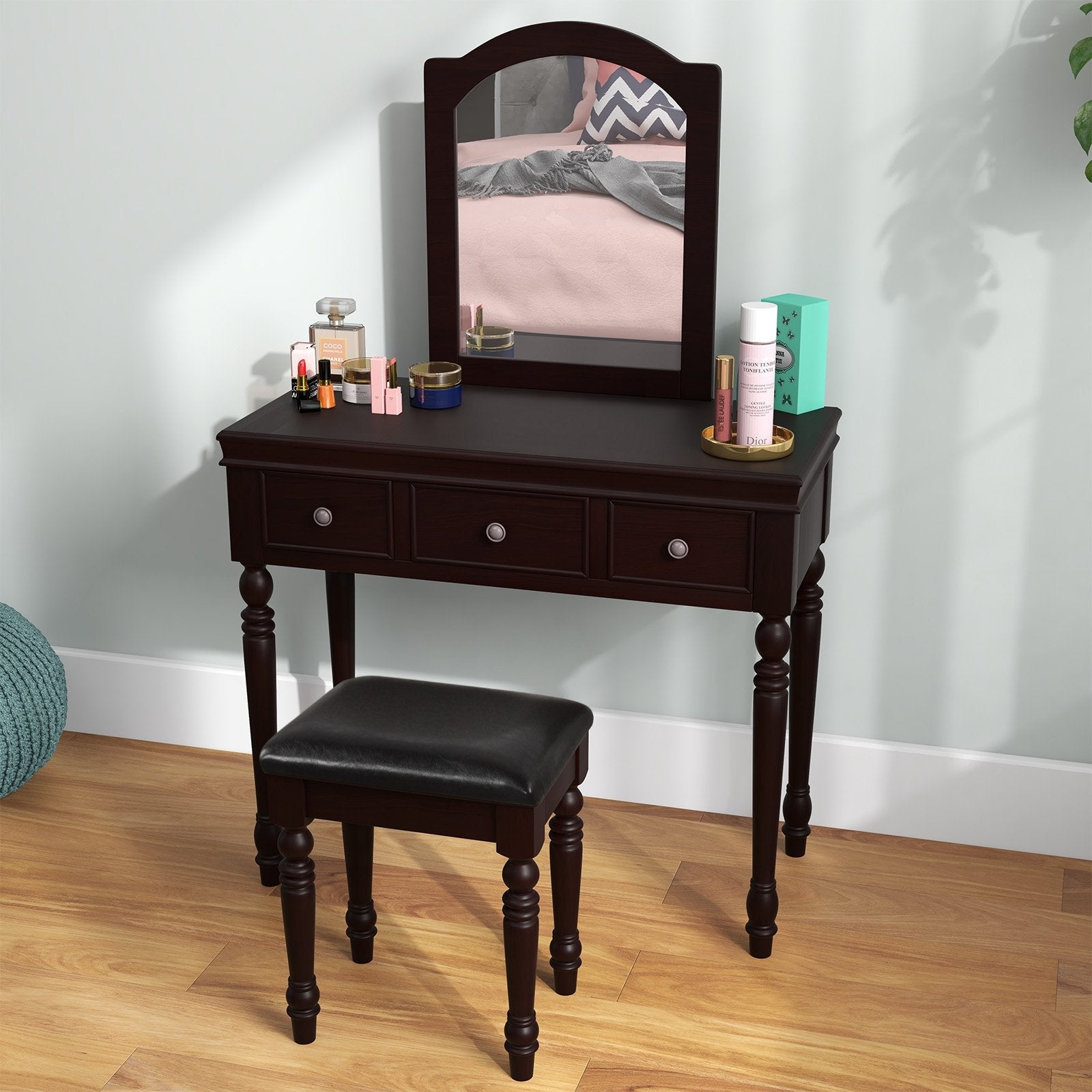 Makeup Vanity Table and Stool Set with Detachable Mirror and 3 Drawers Storage, Walnut Makeup Vanities   at Gallery Canada