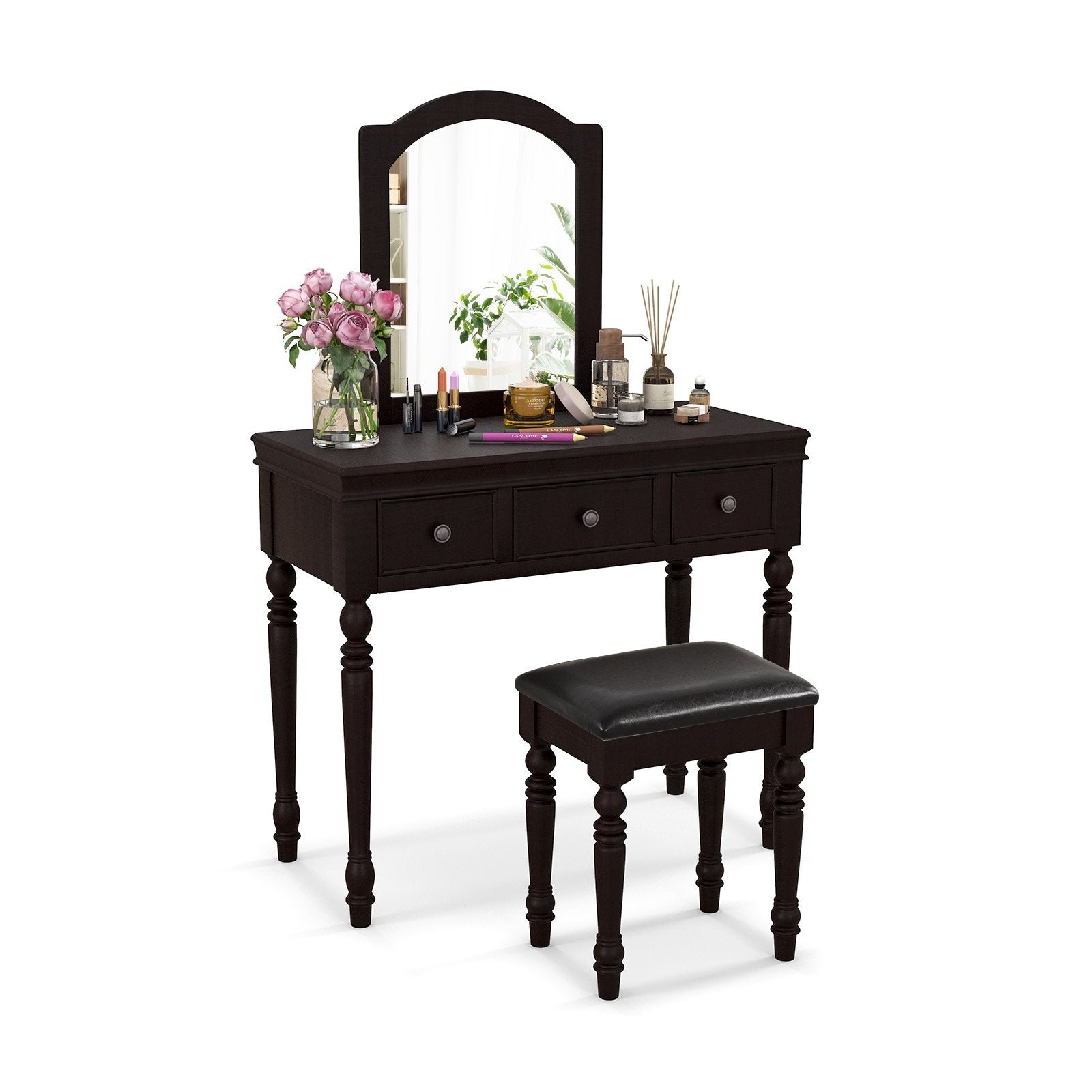 Makeup Vanity Table and Stool Set with Detachable Mirror and 3 Drawers Storage, Walnut Makeup Vanities   at Gallery Canada