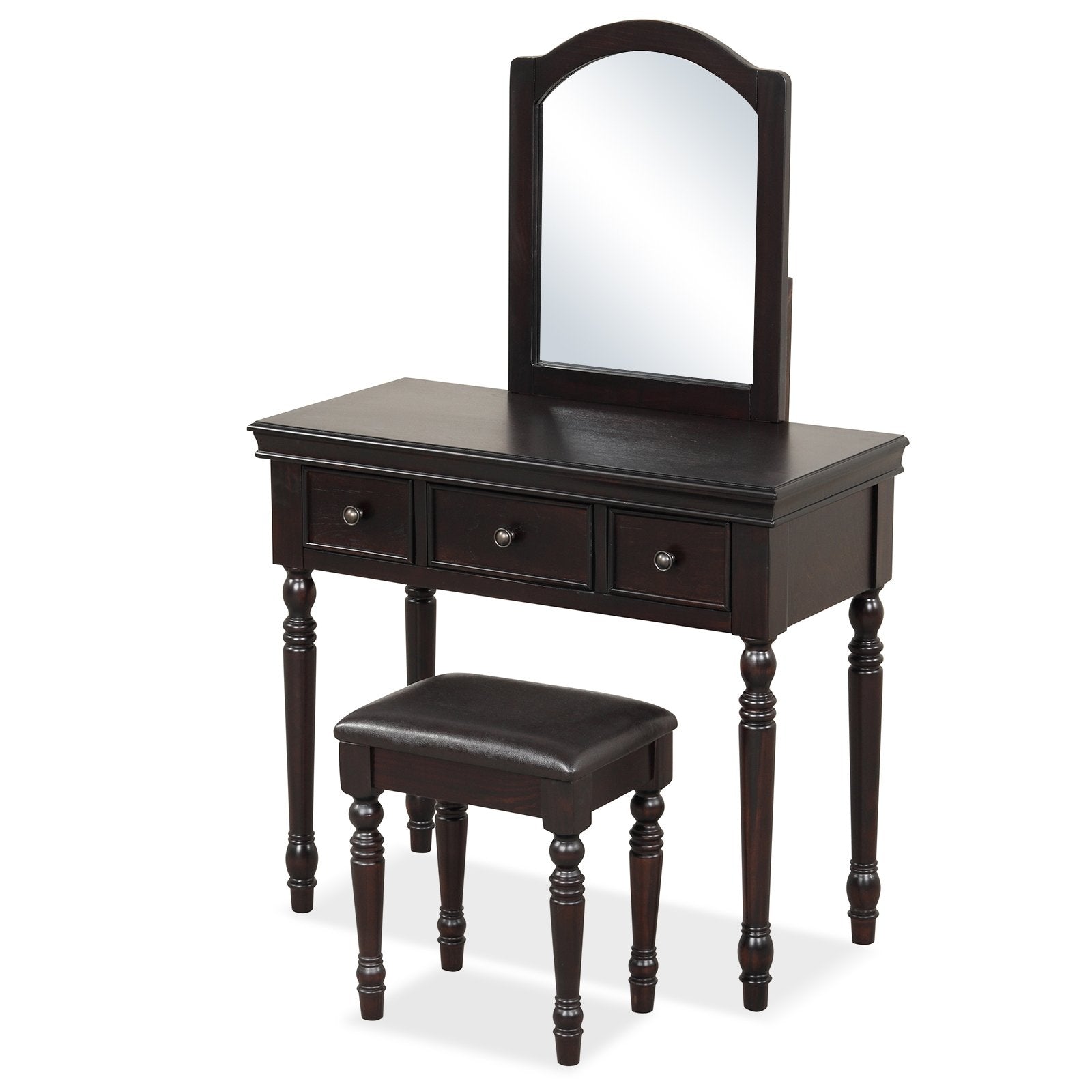 Makeup Vanity Table and Stool Set with Detachable Mirror and 3 Drawers Storage, Walnut Makeup Vanities   at Gallery Canada