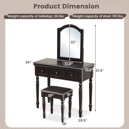 Makeup Vanity Table and Stool Set with Detachable Mirror and 3 Drawers Storage, Walnut Makeup Vanities   at Gallery Canada