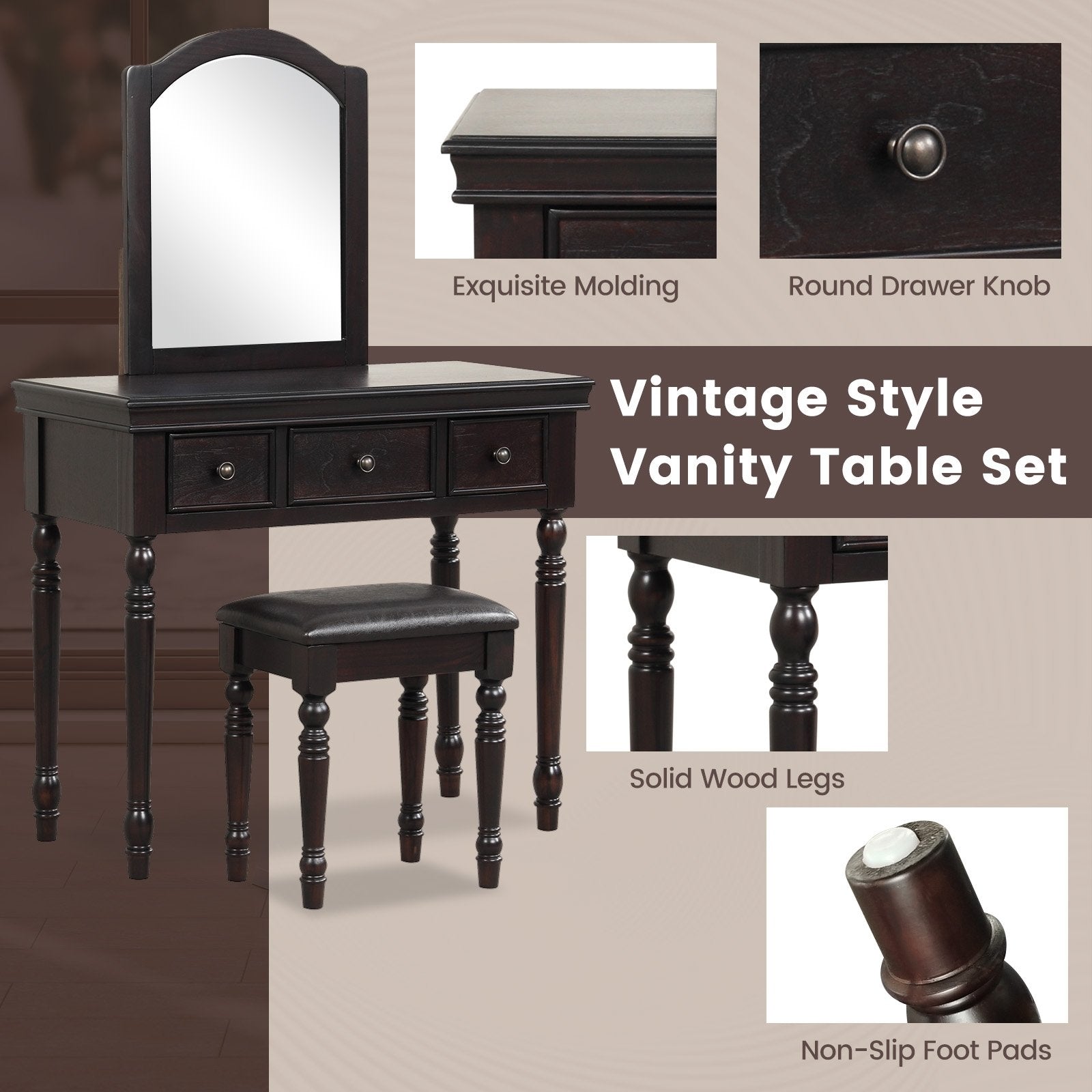 Makeup Vanity Table and Stool Set with Detachable Mirror and 3 Drawers Storage, Walnut Makeup Vanities   at Gallery Canada