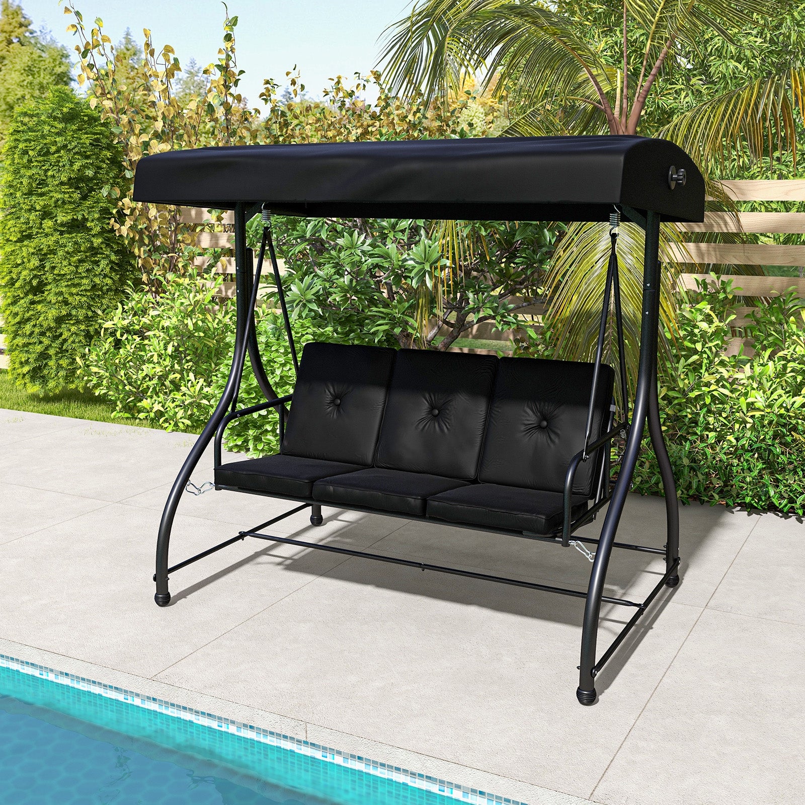 3 Seat Outdoor Porch Swing with Adjustable Canopy, Black Porch Swings   at Gallery Canada