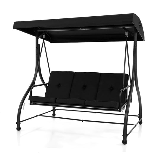 3 Seat Outdoor Porch Swing with Adjustable Canopy, Black - Gallery Canada