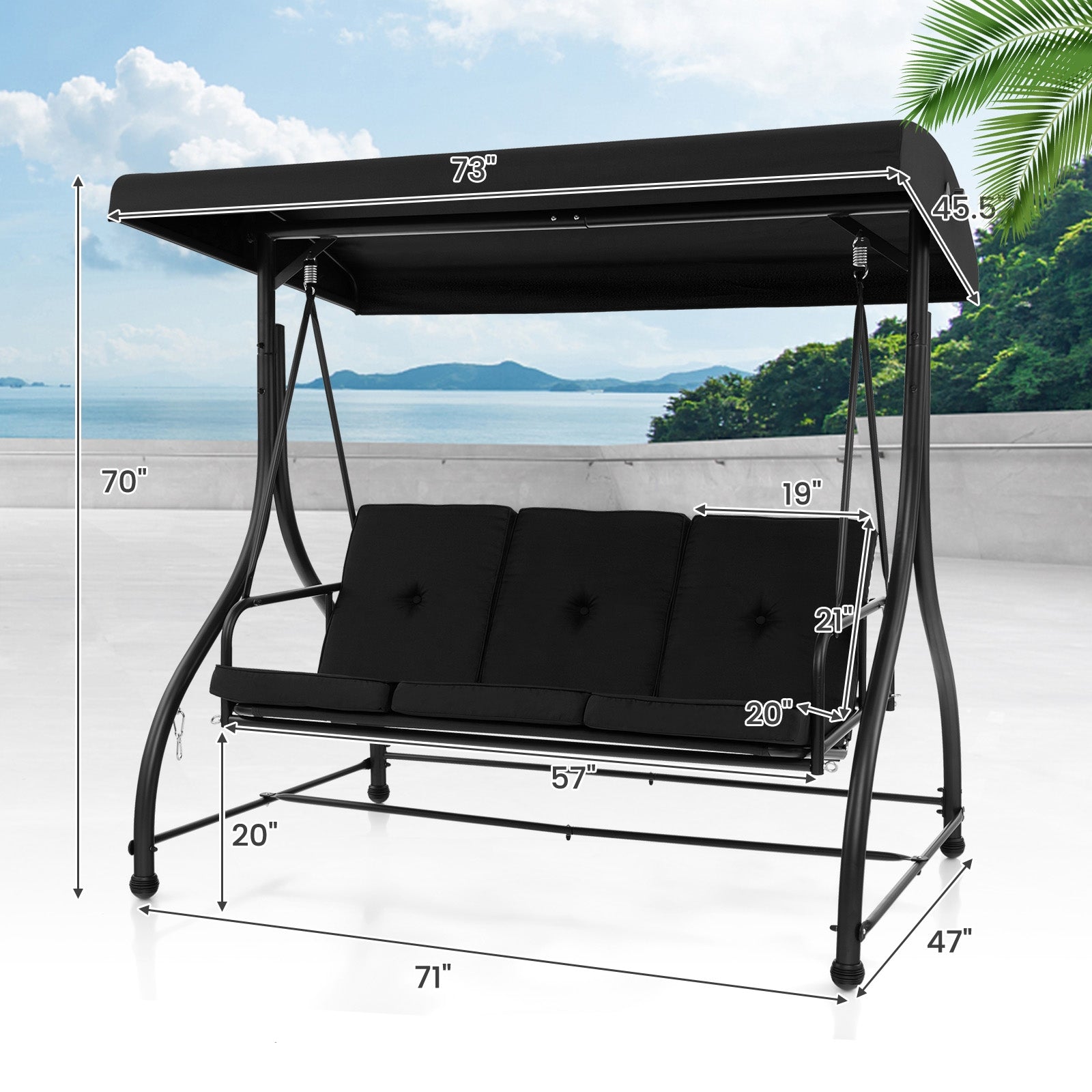 3 Seat Outdoor Porch Swing with Adjustable Canopy, Black Porch Swings   at Gallery Canada