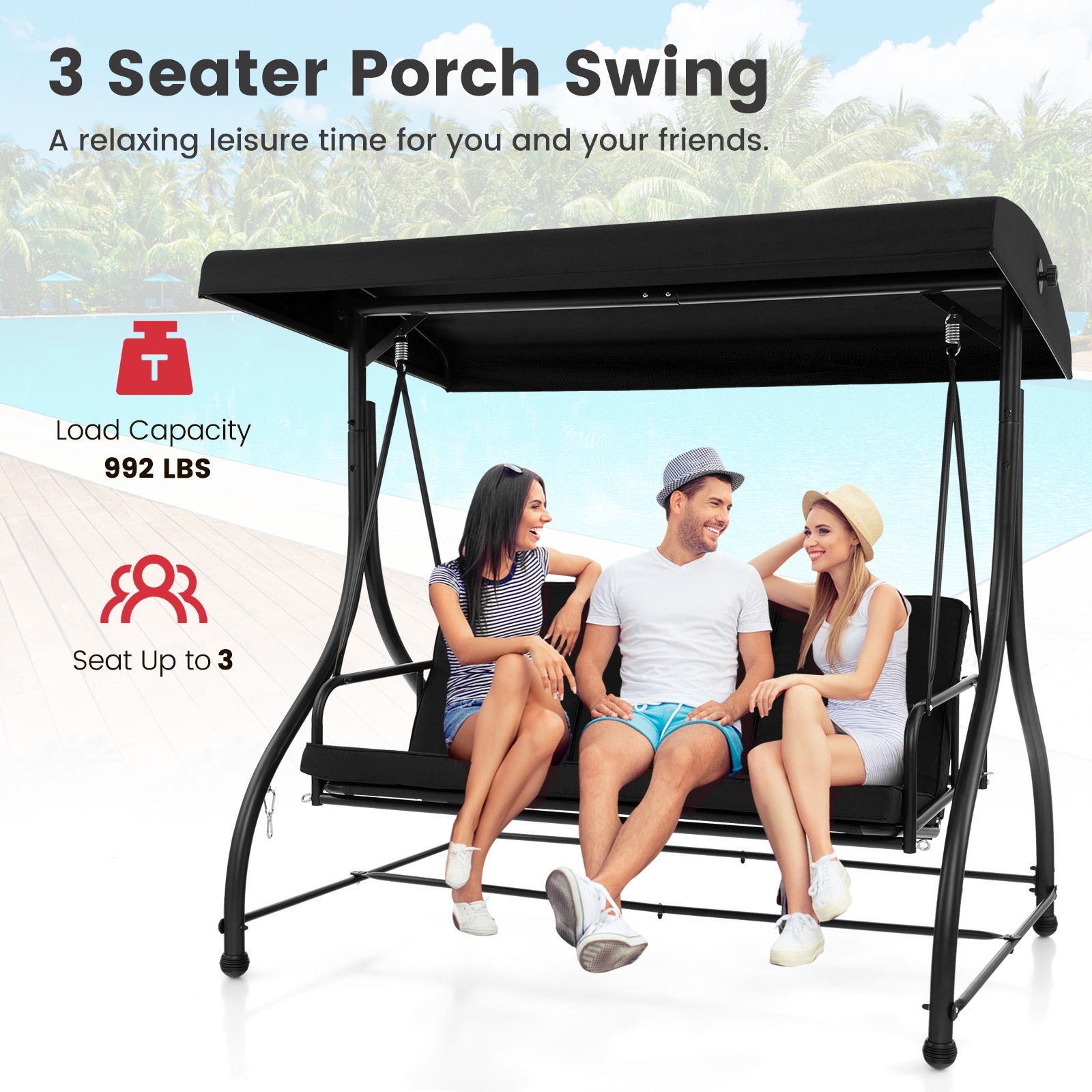 3 Seat Outdoor Porch Swing with Adjustable Canopy, Black Porch Swings   at Gallery Canada