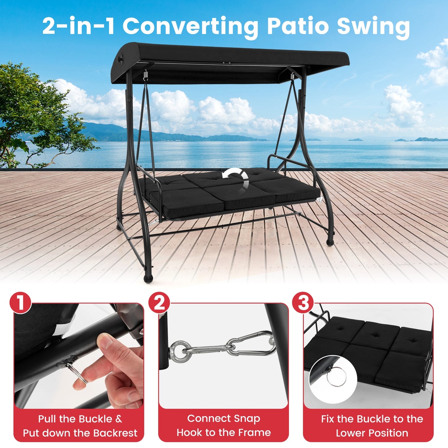 3 Seat Outdoor Porch Swing with Adjustable Canopy, Black Porch Swings   at Gallery Canada