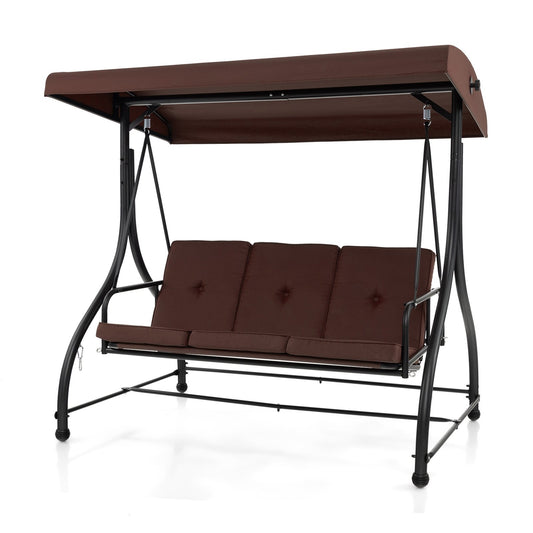 3 Seat Outdoor Porch Swing with Adjustable Canopy, Coffee - Gallery Canada
