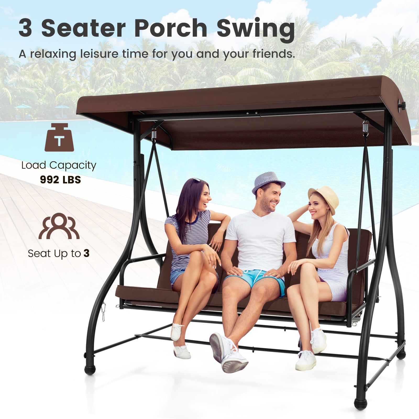 3 Seat Outdoor Porch Swing with Adjustable Canopy, Coffee Porch Swings   at Gallery Canada