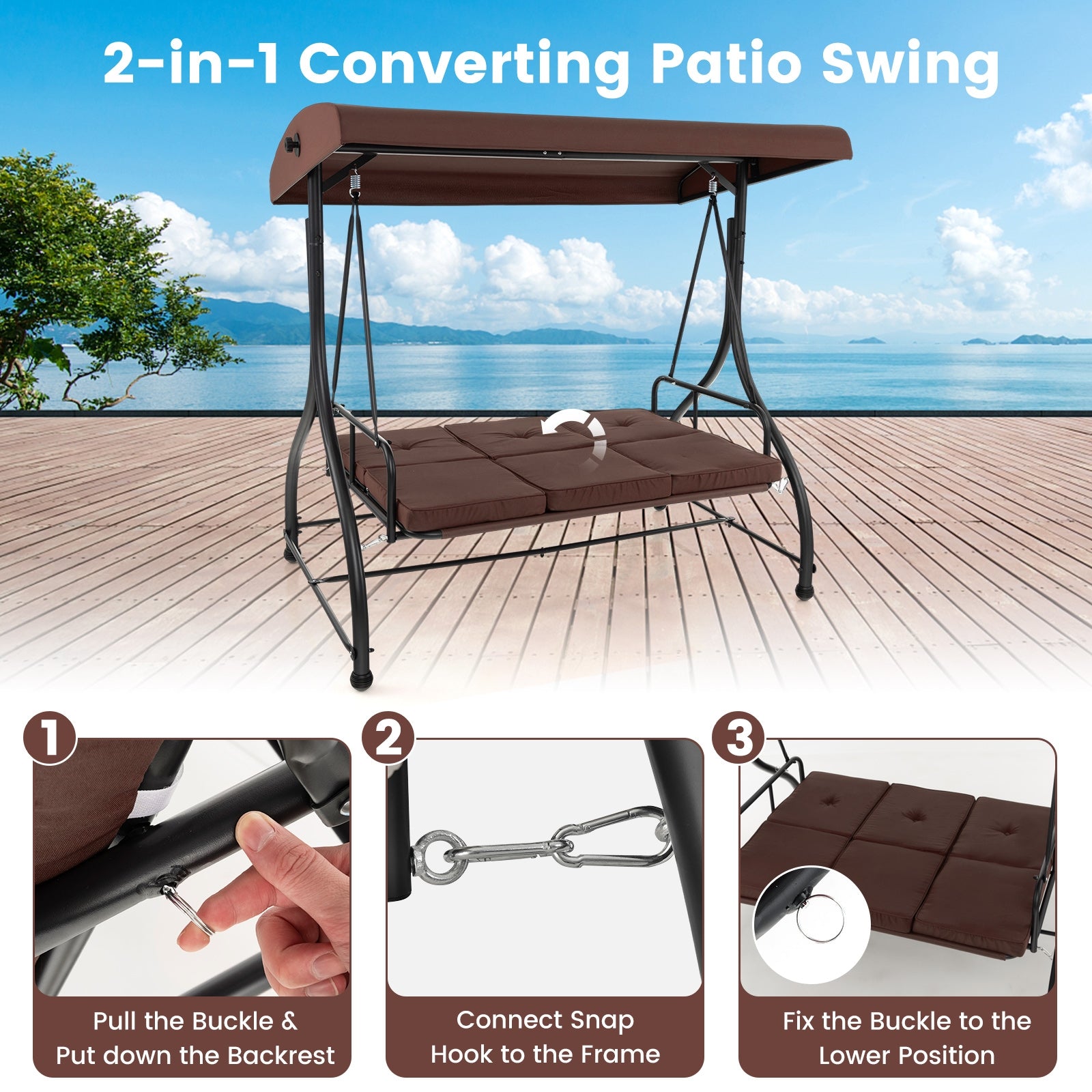 3 Seat Outdoor Porch Swing with Adjustable Canopy, Coffee Porch Swings   at Gallery Canada