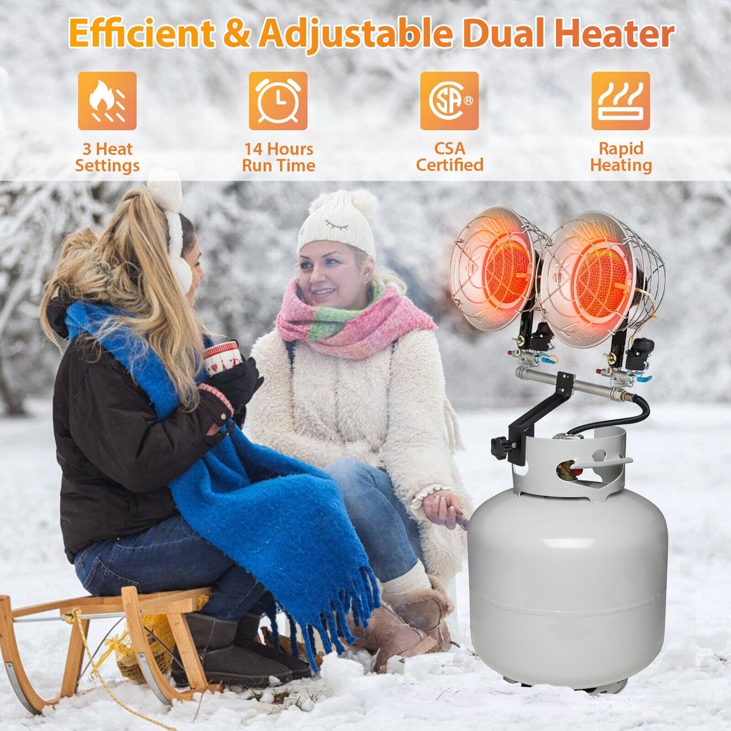 30000 BTU Dual Head Tank Top Outdoor Heater with 2 Burners, Silver Patio Heaters   at Gallery Canada