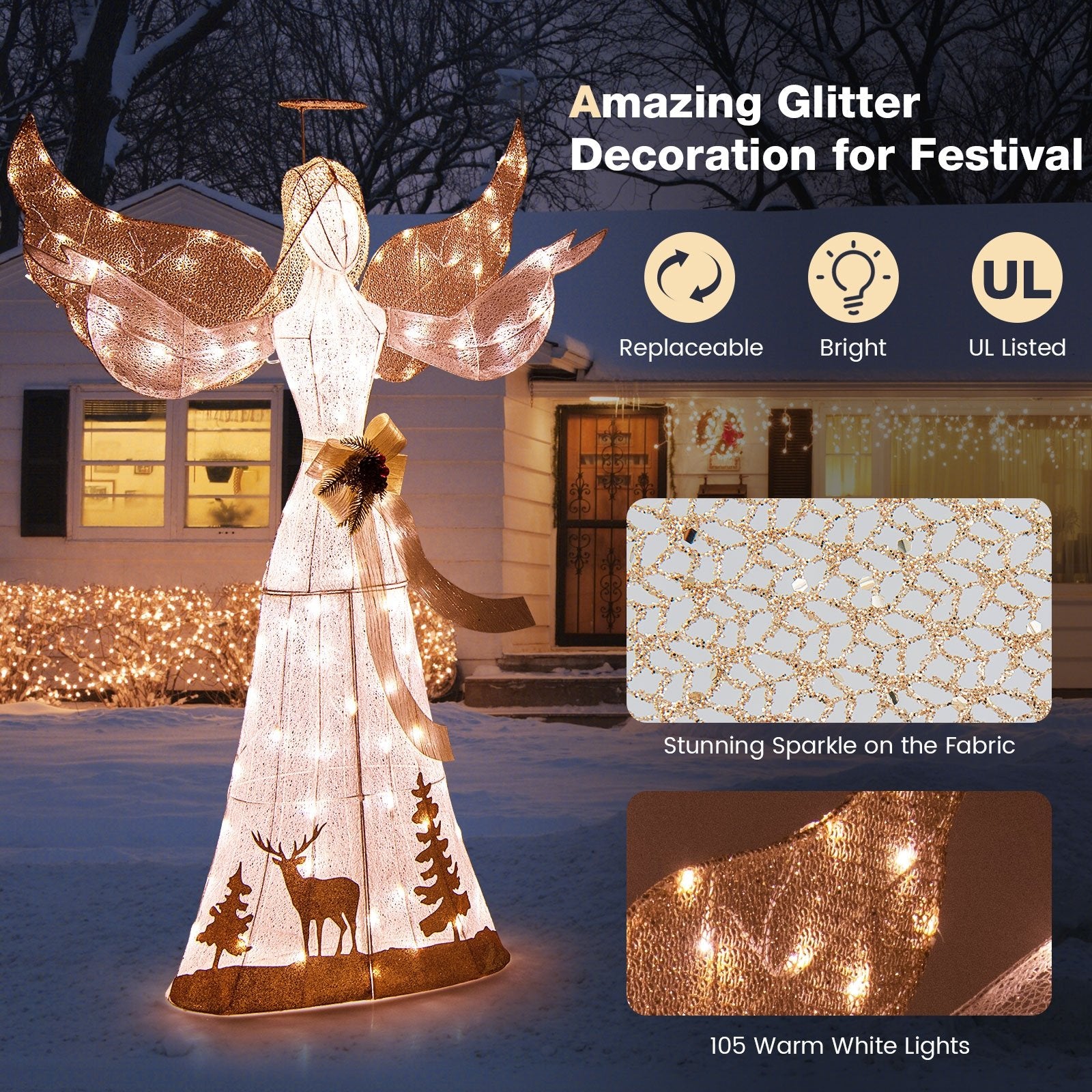 5 Feet Pre-lit 3D Glittered Christmas Angel with 100 Warm White Lights, White Christmas Decor & Accessories   at Gallery Canada