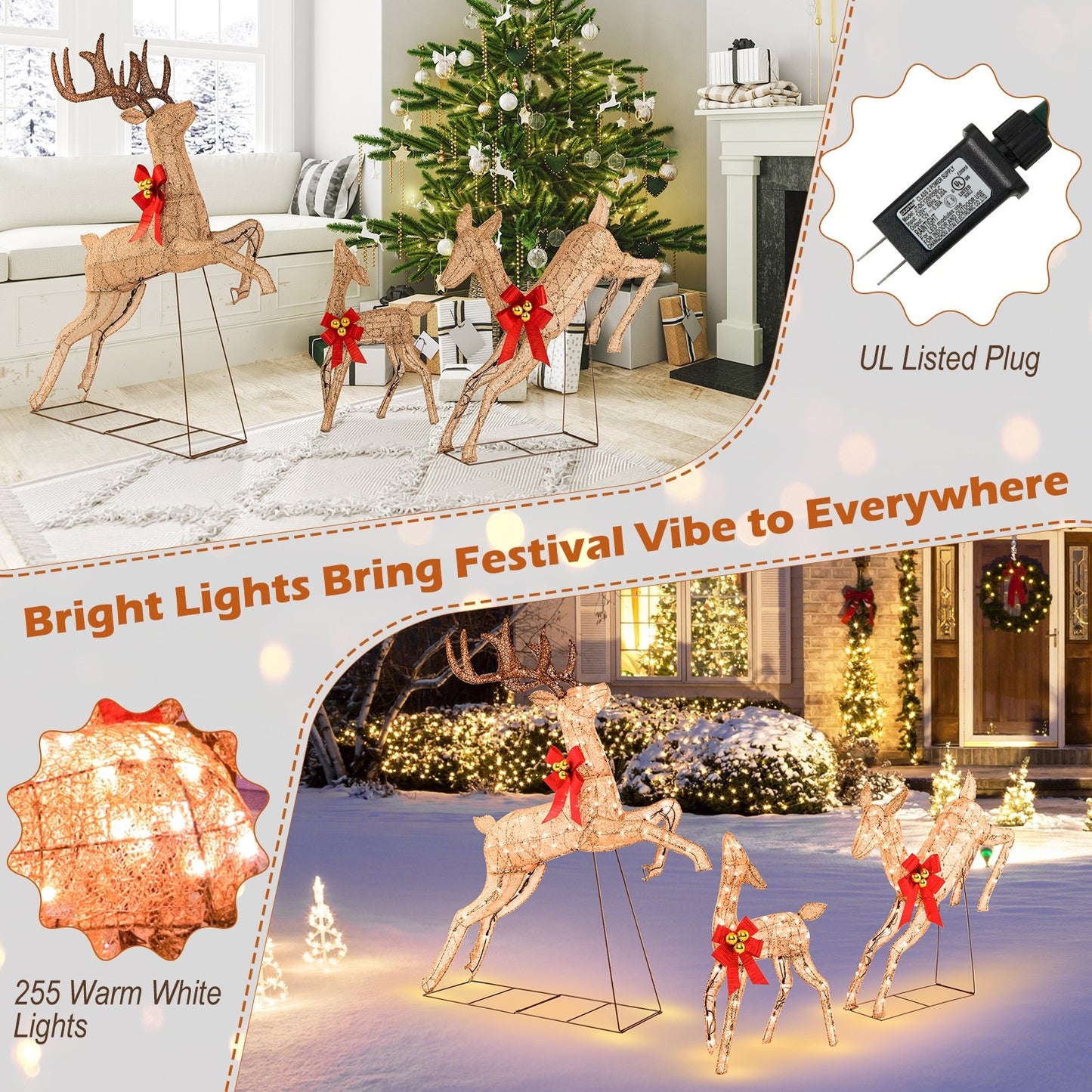 3 Pieces Lighted Christmas Reindeer Family Set with 255 Lights, Golden Christmas Decor & Accessories   at Gallery Canada