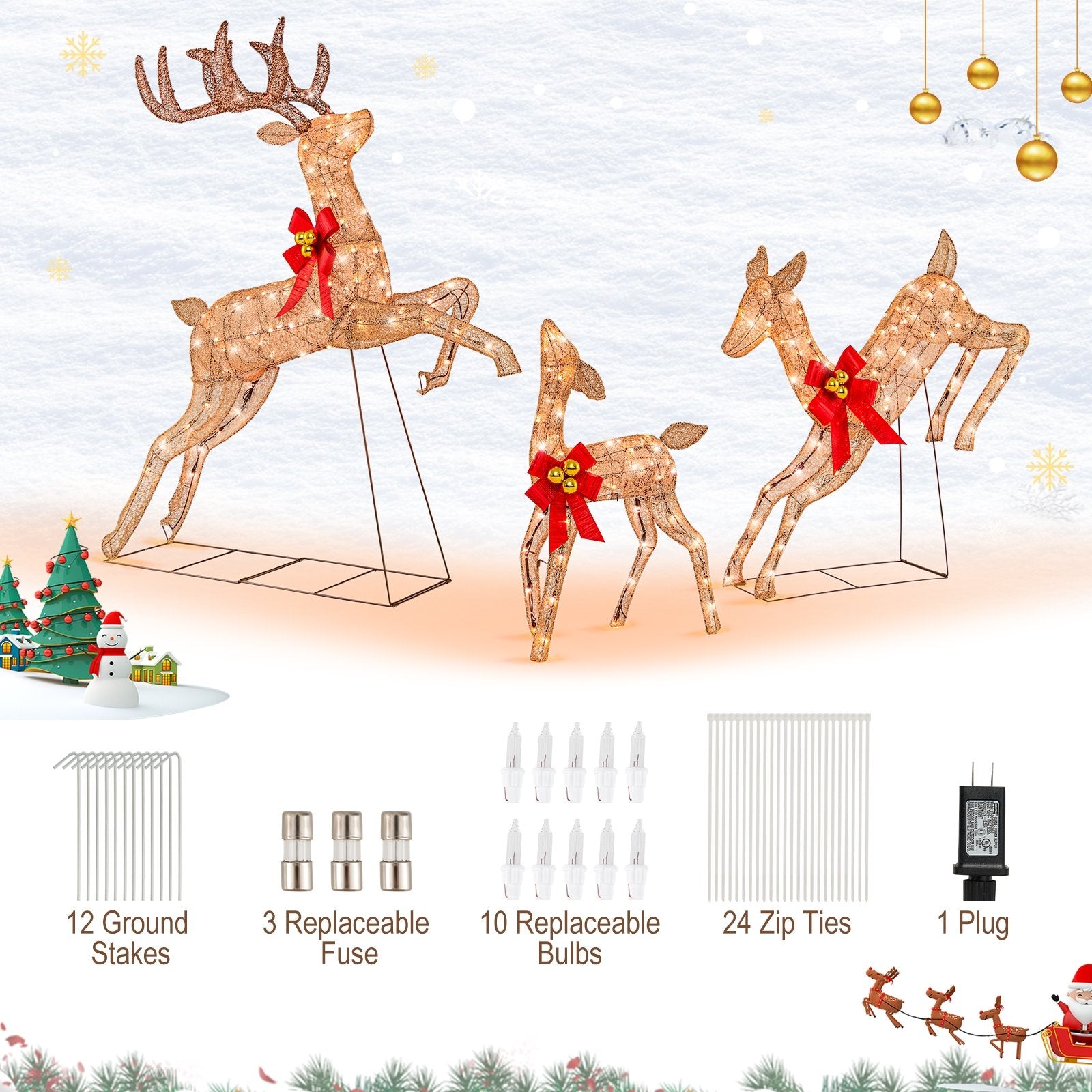 3 Pieces Lighted Christmas Reindeer Family Set with 255 Lights, Golden Christmas Decor & Accessories   at Gallery Canada