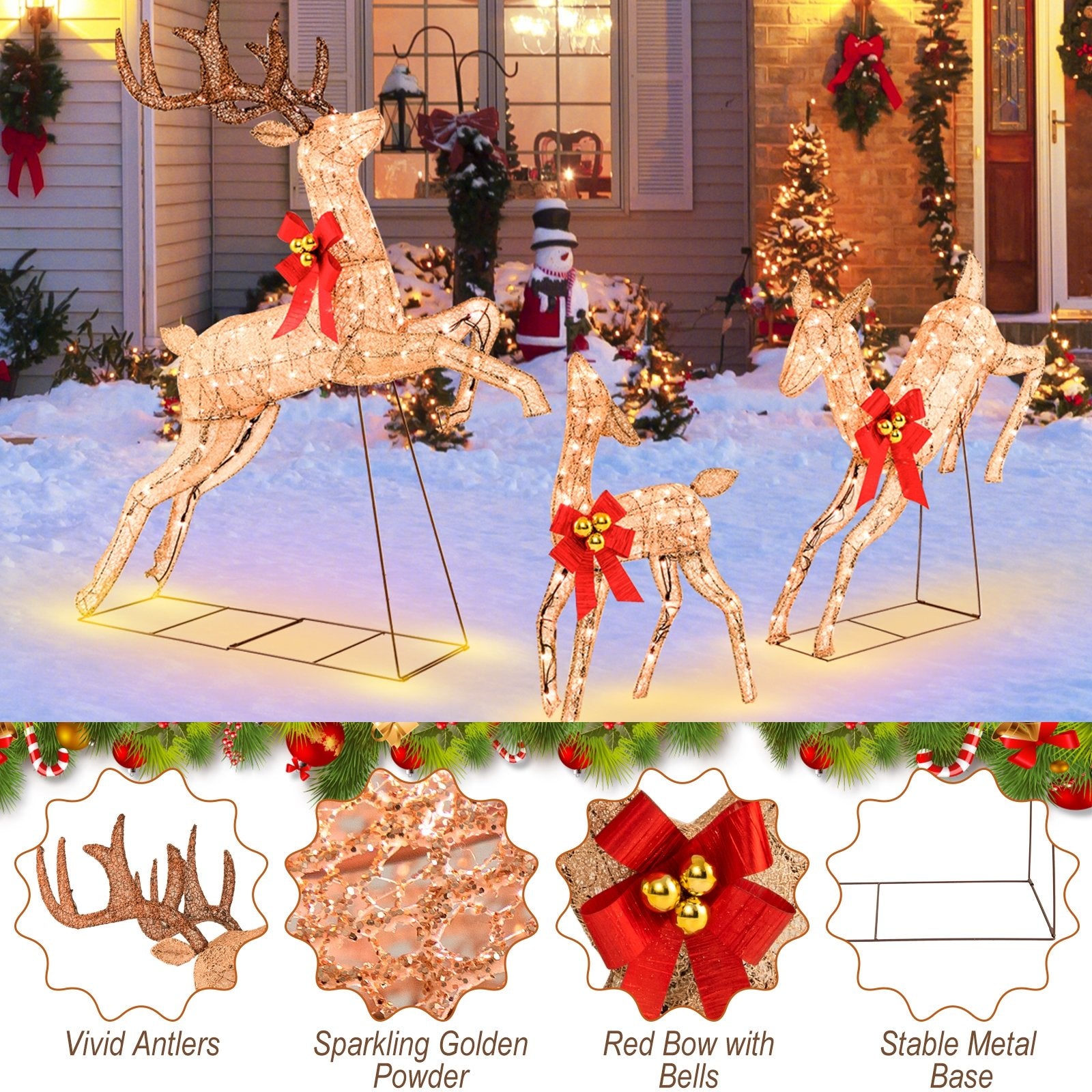 3 Pieces Lighted Christmas Reindeer Family Set with 255 Lights, Golden Christmas Decor & Accessories   at Gallery Canada