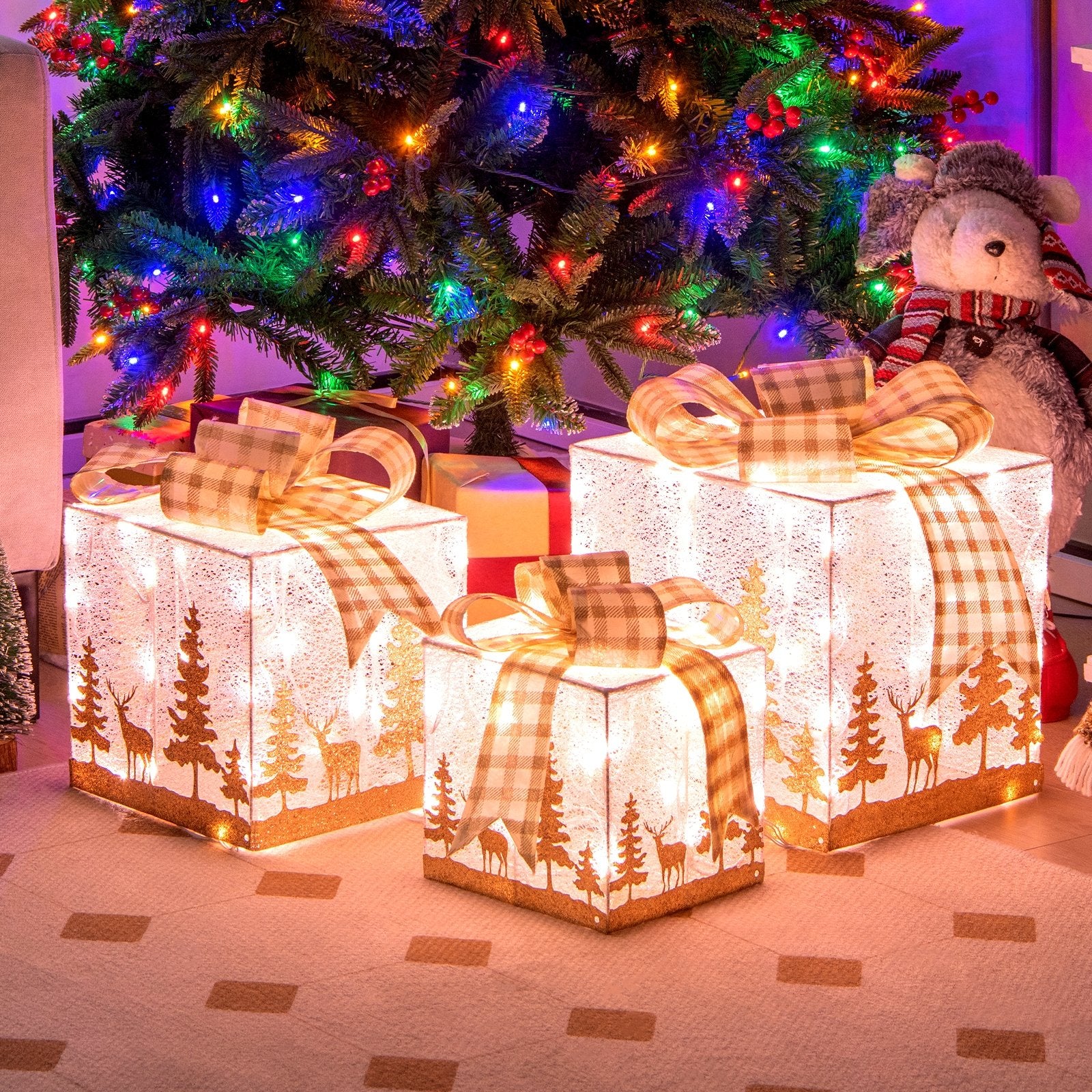 Set of 3 Lighted Christmas Gift Box with 100 Warm White Lights, Multicolor Christmas Decor & Accessories   at Gallery Canada