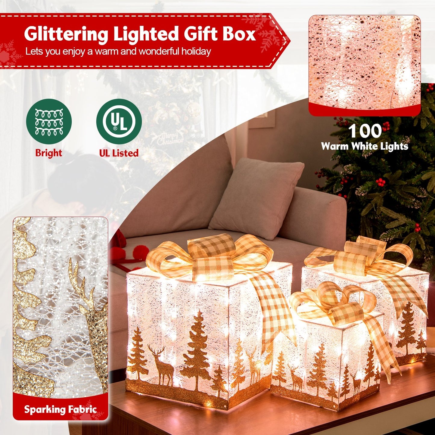 Set of 3 Lighted Christmas Gift Box with 100 Warm White Lights, Multicolor Christmas Decor & Accessories   at Gallery Canada