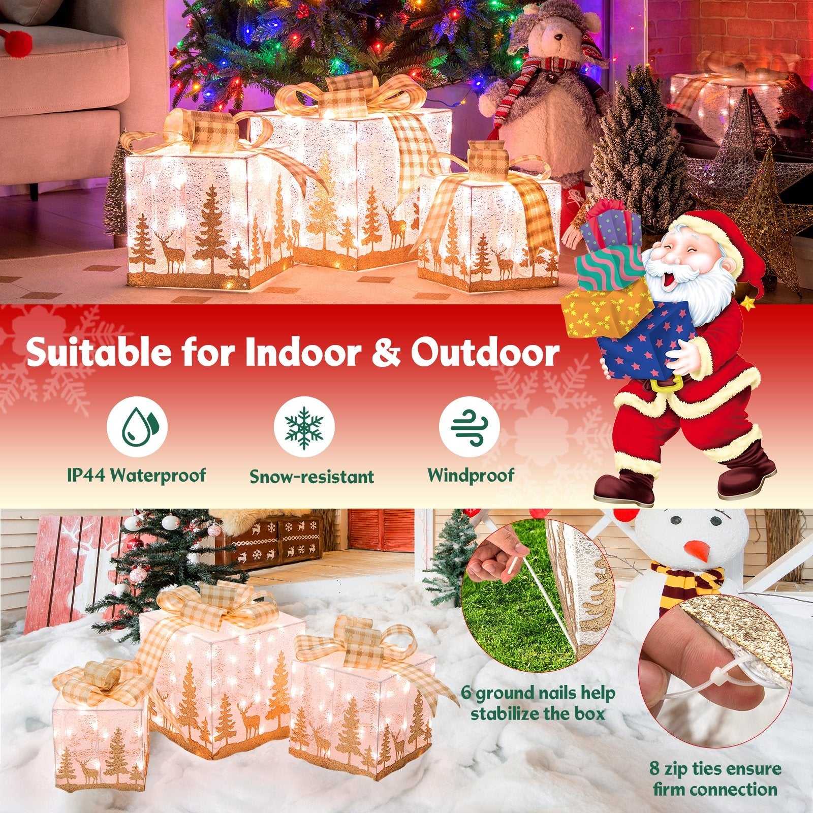 Set of 3 Lighted Christmas Gift Box with 100 Warm White Lights, Multicolor Christmas Decor & Accessories   at Gallery Canada