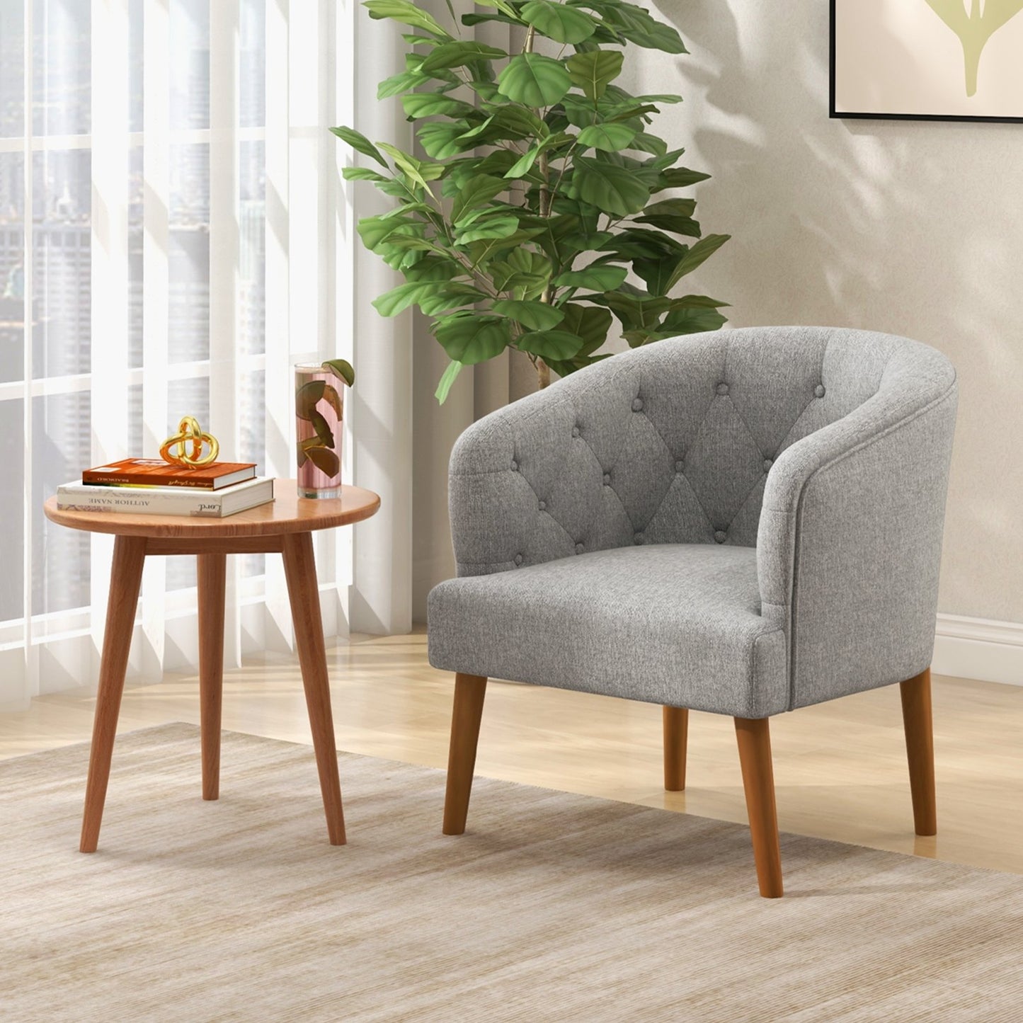 Upholstered Tub Chair with Solid Rubber Wood Legs and Adjustable Foot Pads for Living Room, Gray Accent Chairs   at Gallery Canada