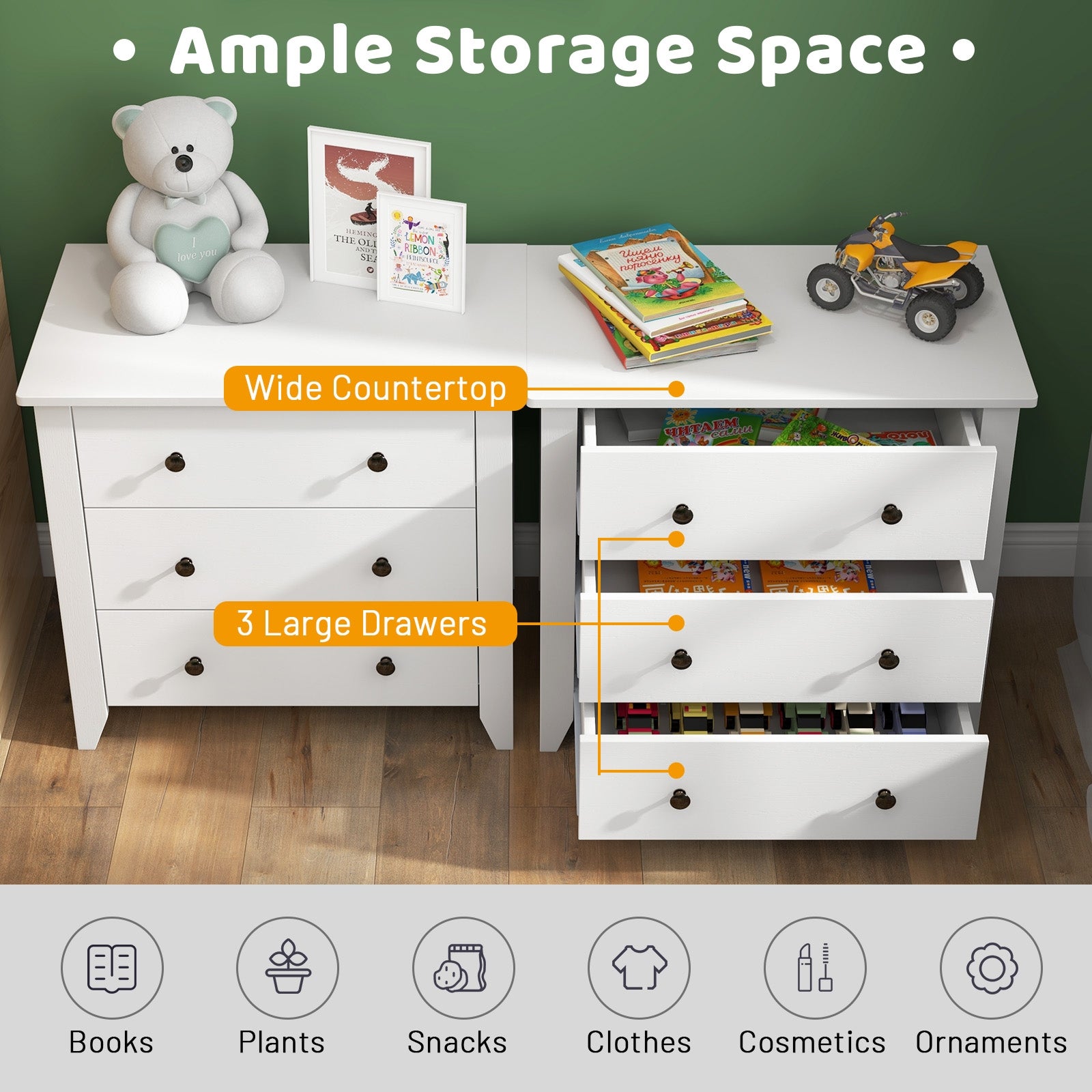 3 Drawer Dresser Chest of Drawers Bedside Table, White Cabinets & Chests at Gallery Canada