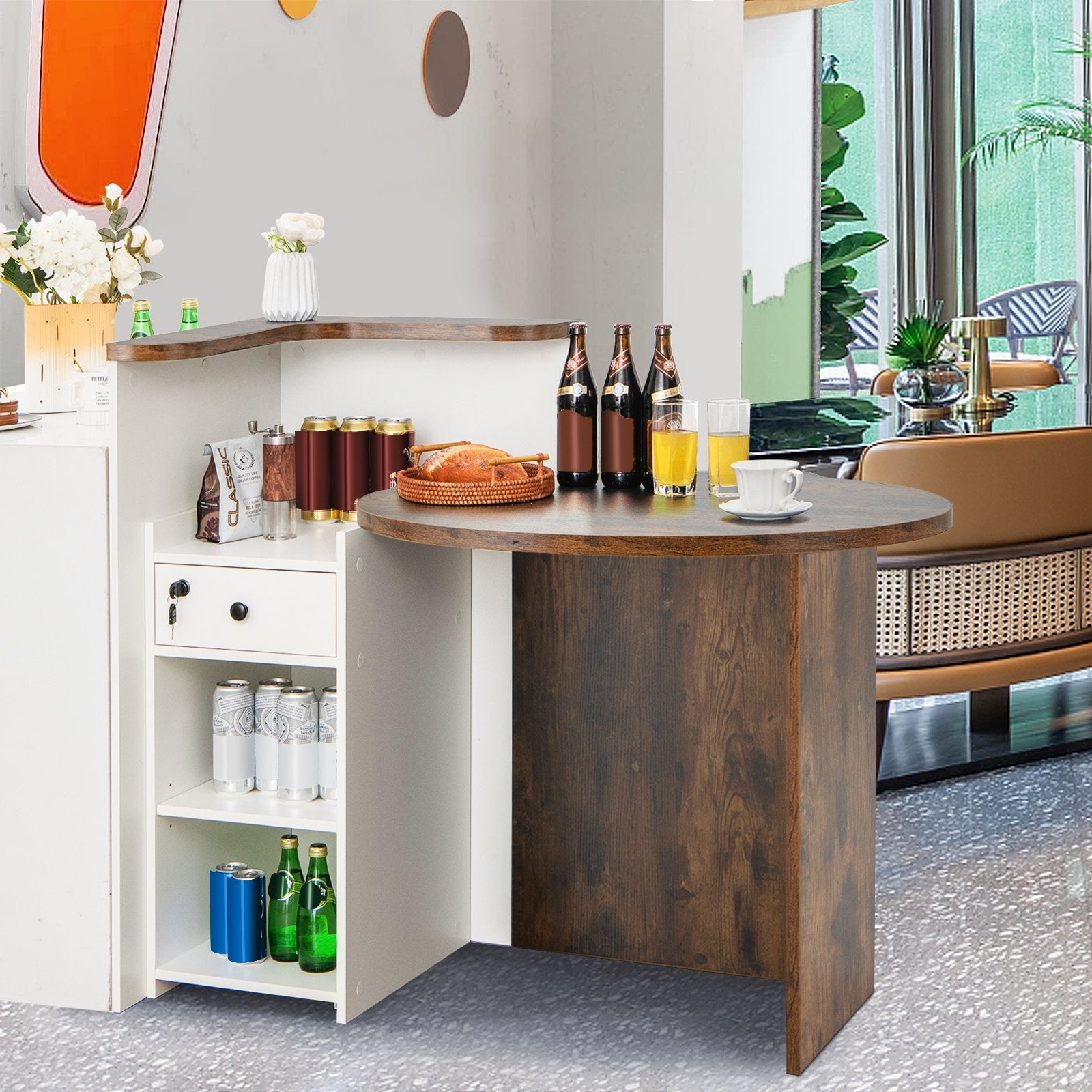 Front Reception Office Desk with Open Shelf and Lockable Drawer, Brown & White Corner Desks   at Gallery Canada