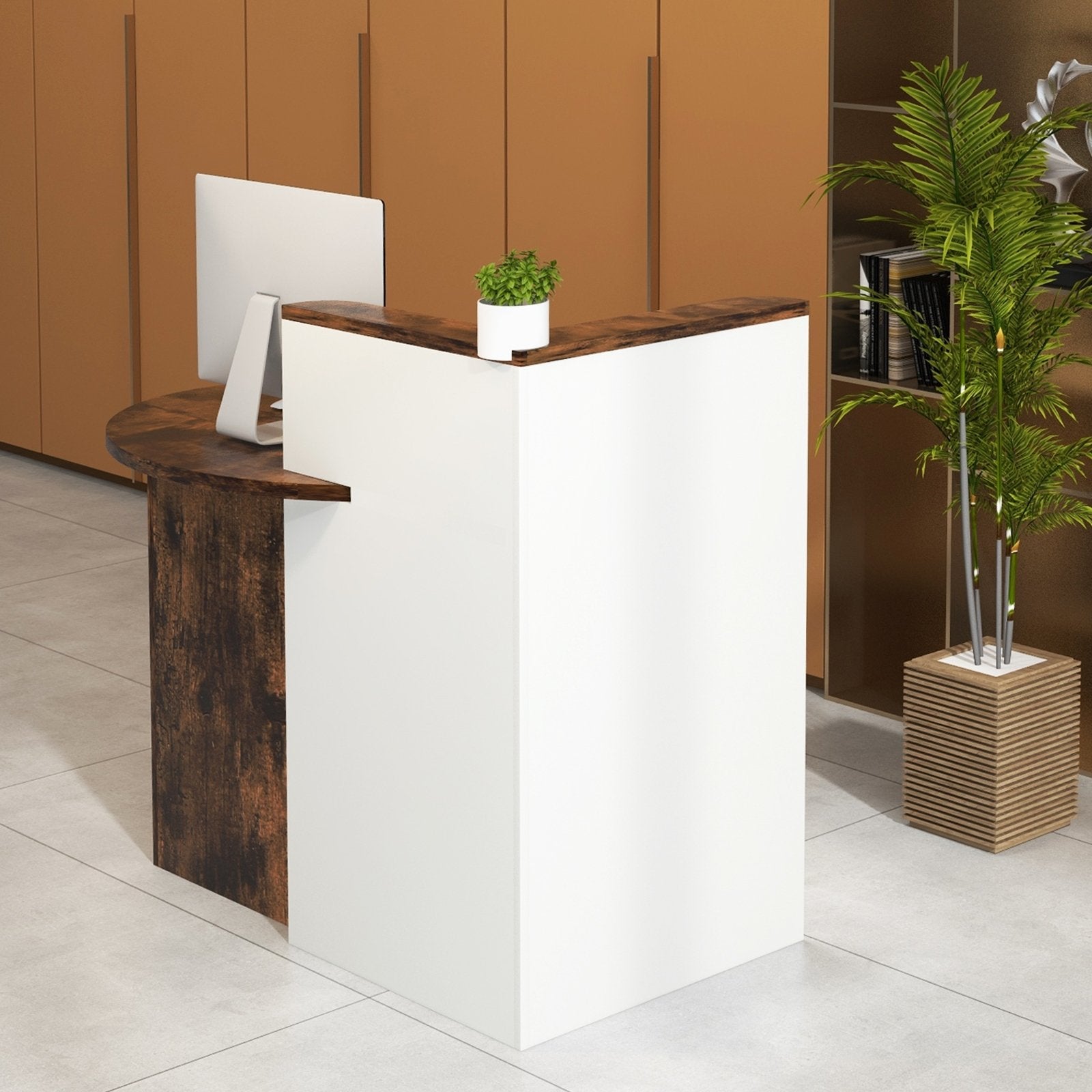 Front Reception Office Desk with Open Shelf and Lockable Drawer, Brown & White Corner Desks   at Gallery Canada