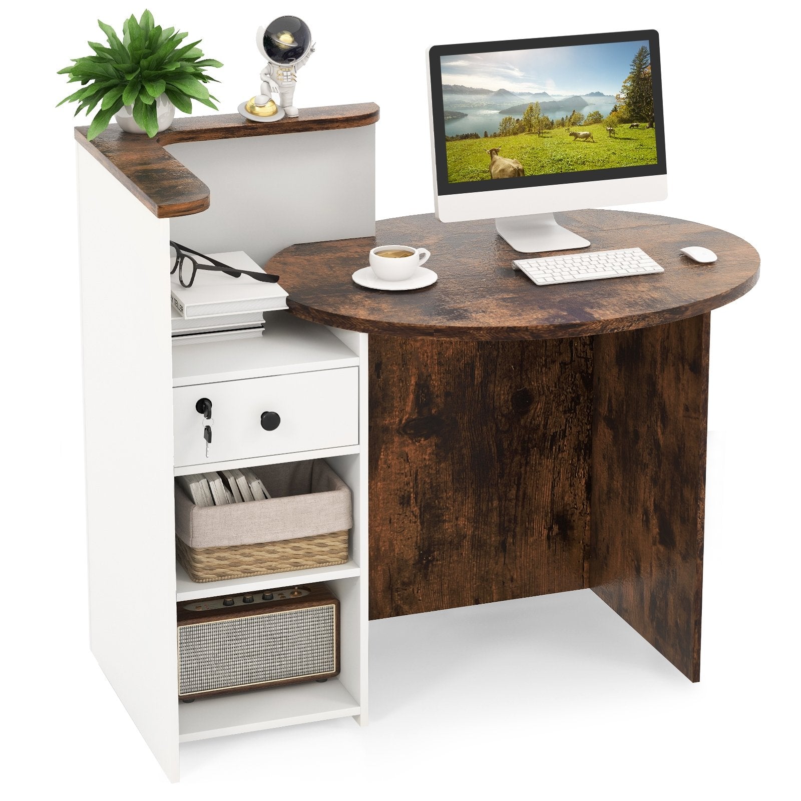 Front Reception Office Desk with Open Shelf and Lockable Drawer, Brown & White Corner Desks Brown & White at Gallery Canada