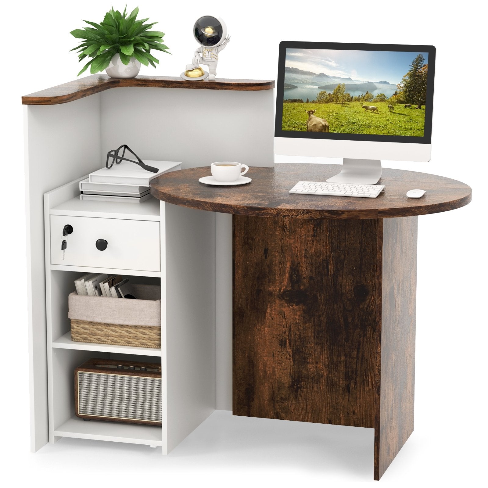 Front Reception Office Desk with Open Shelf and Lockable Drawer, Brown & White Corner Desks   at Gallery Canada