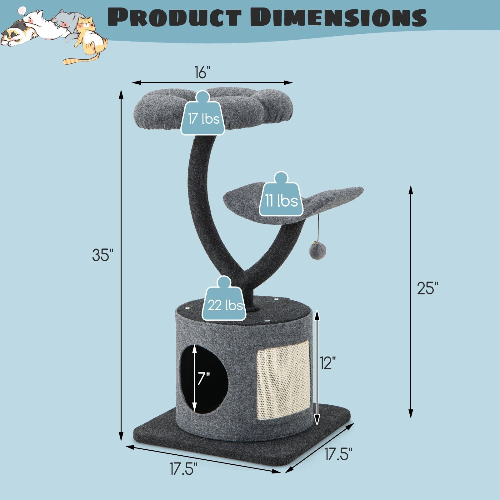 Cat Tree for Indoor Cats with Curved Metal Supporting Frame for Large & Small Cats, Gray Cat Trees Condos & Scratchers   at Gallery Canada