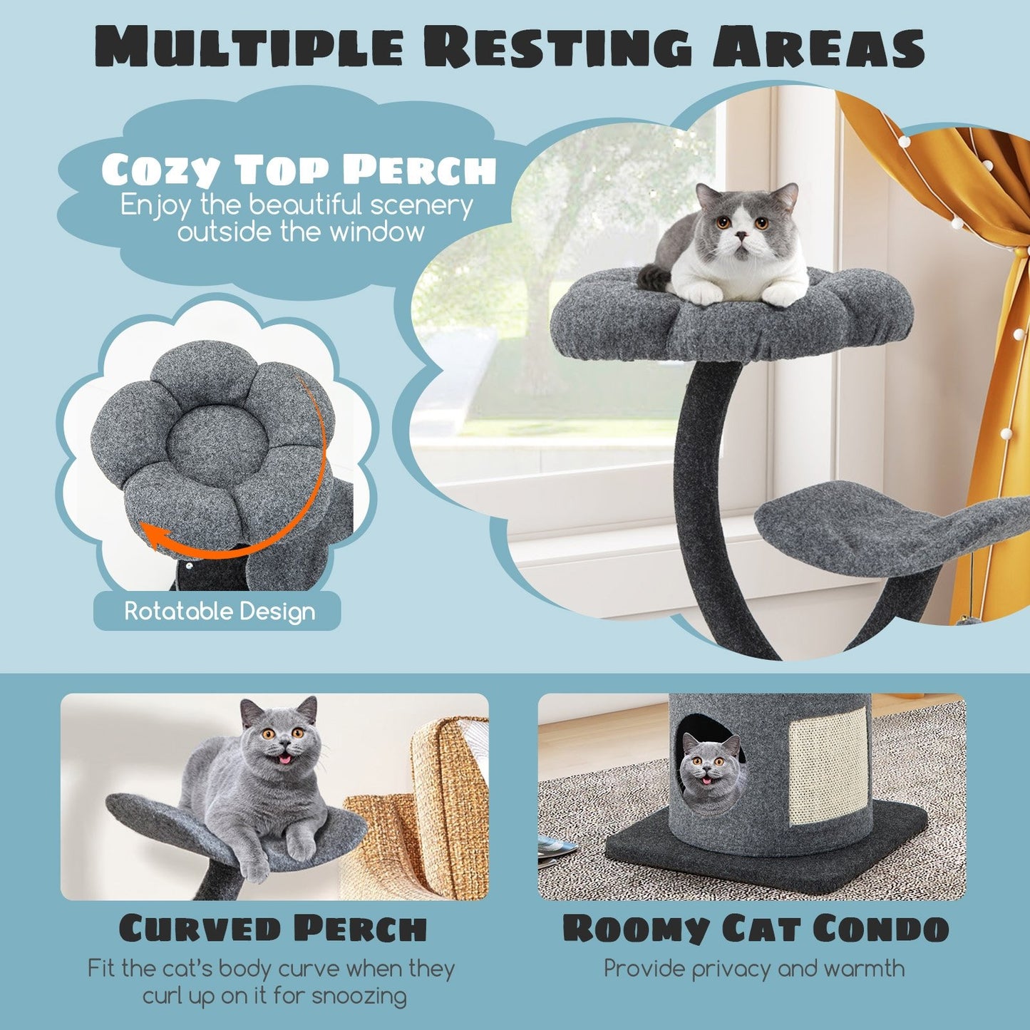 Cat Tree for Indoor Cats with Curved Metal Supporting Frame for Large & Small Cats, Gray Cat Trees Condos & Scratchers   at Gallery Canada