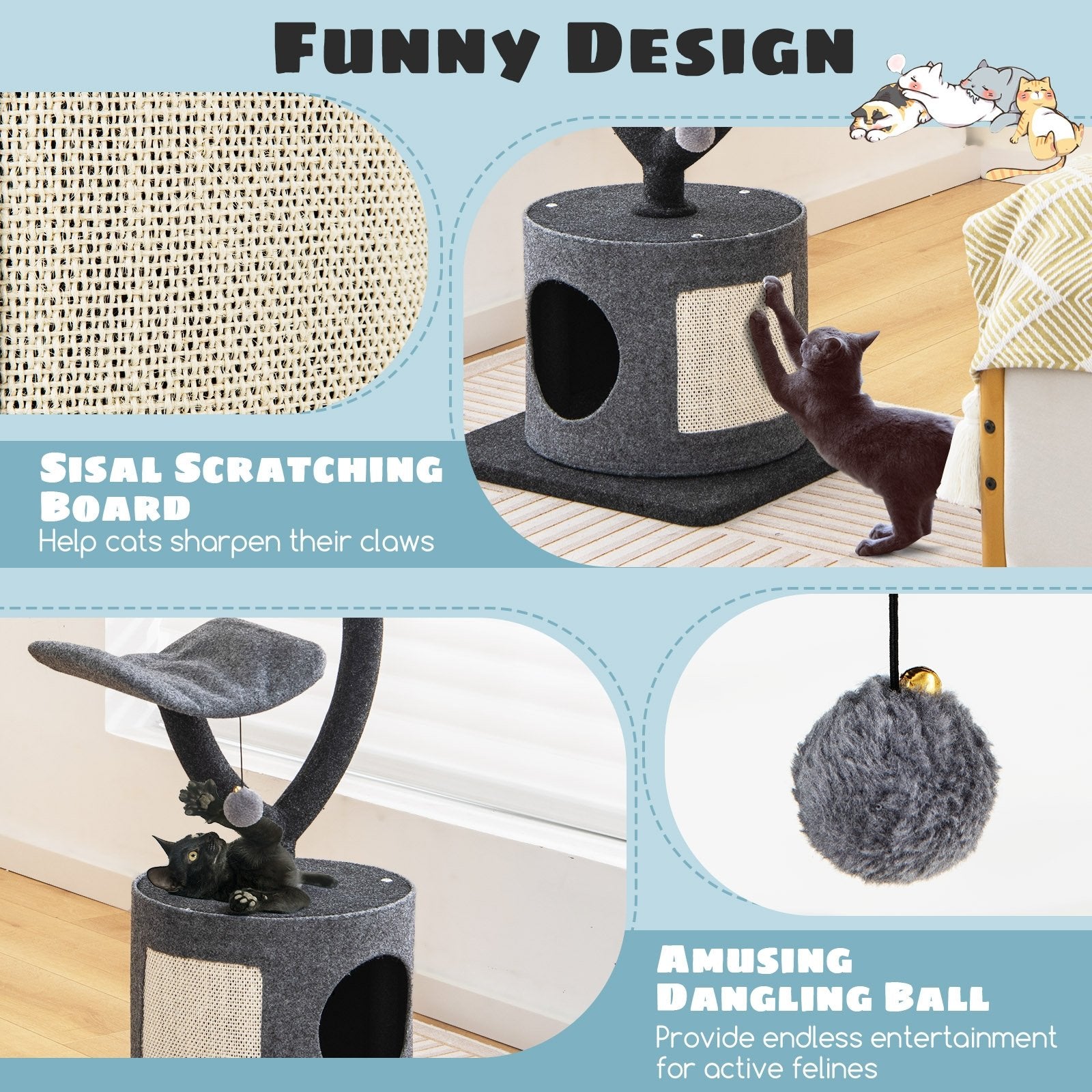 Cat Tree for Indoor Cats with Curved Metal Supporting Frame for Large & Small Cats, Gray Cat Trees Condos & Scratchers   at Gallery Canada