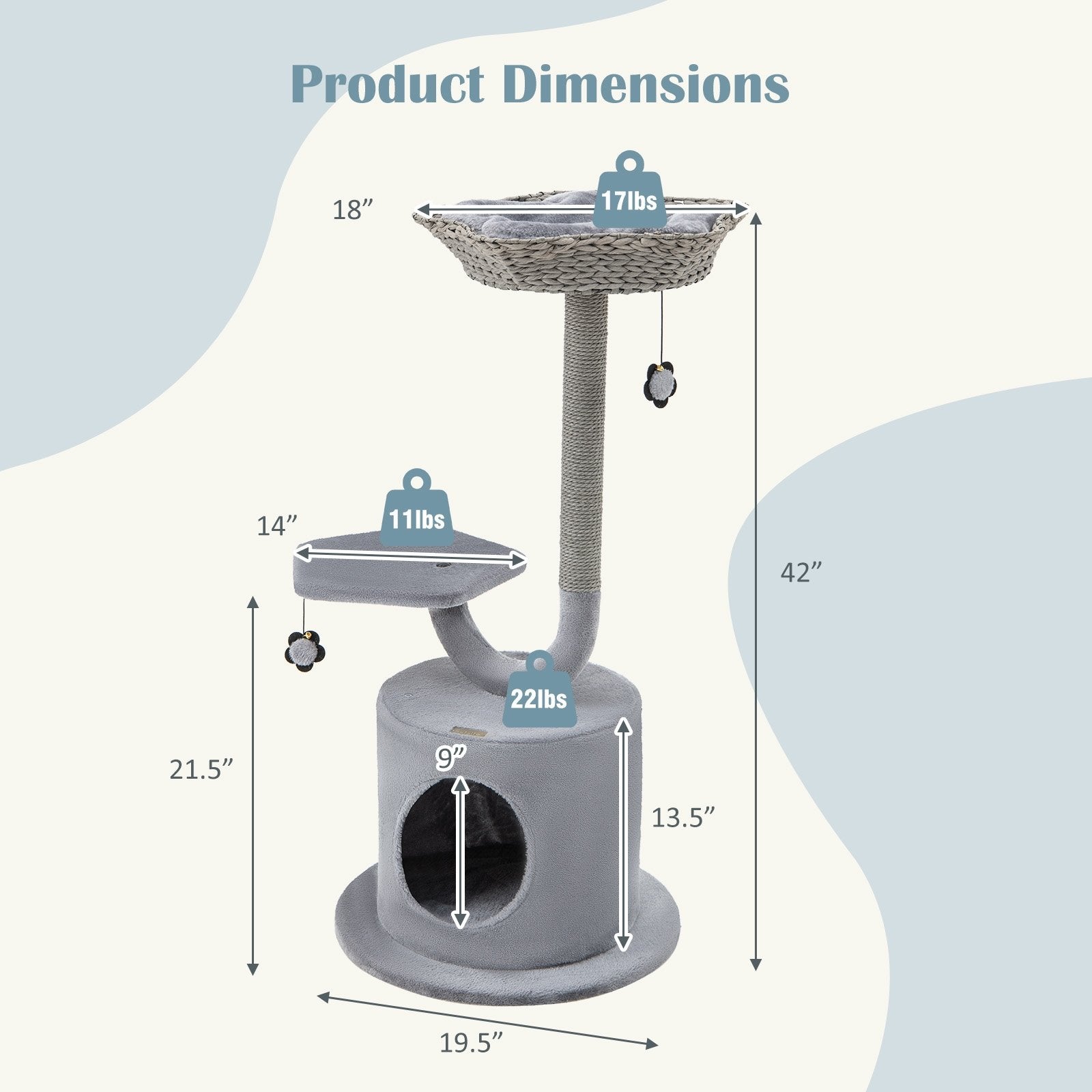 42" Tall Cat Tower with Curved Metal Supporting Frame for Large & Small Cats, Gray Cat Trees Condos & Scratchers   at Gallery Canada