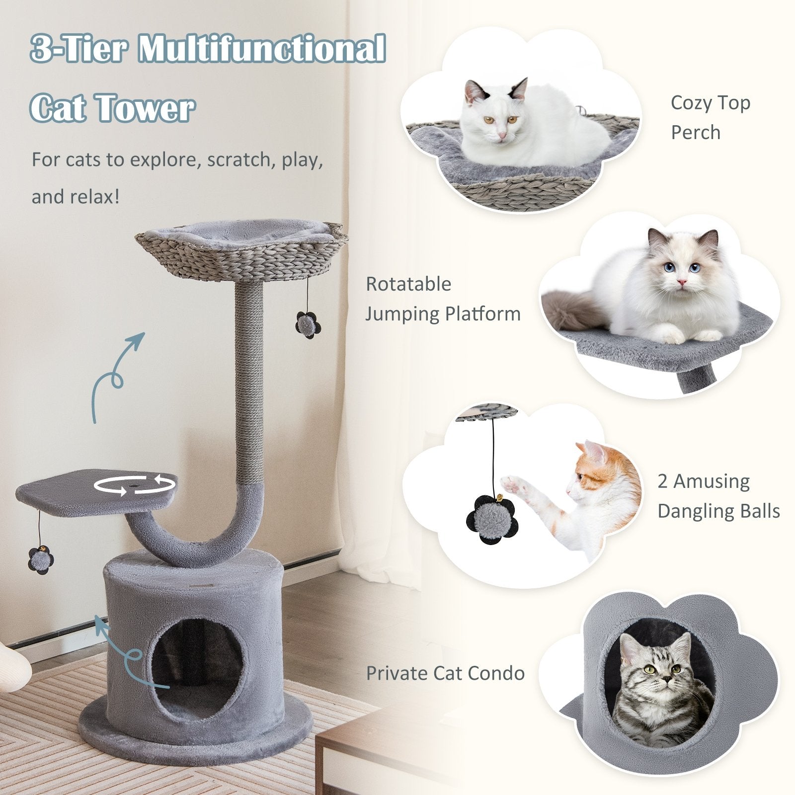 42" Tall Cat Tower with Curved Metal Supporting Frame for Large & Small Cats, Gray Cat Trees Condos & Scratchers   at Gallery Canada