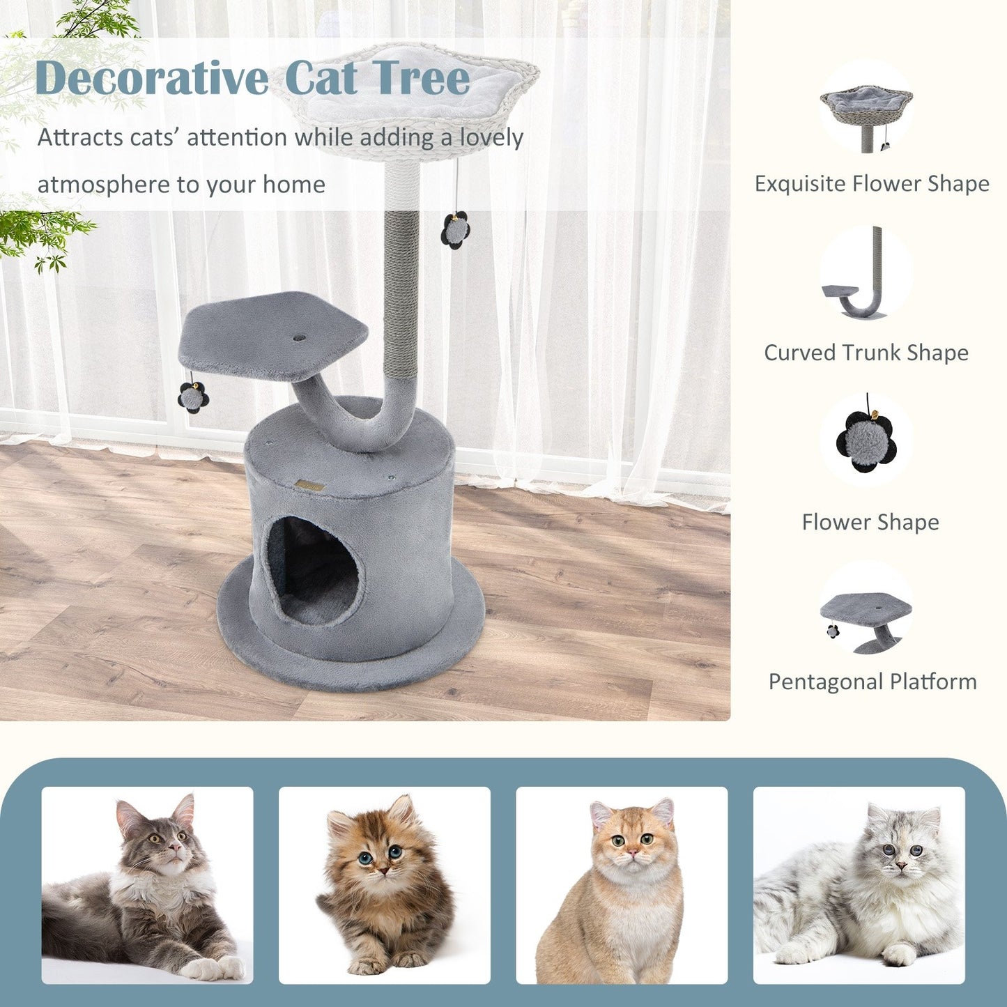 42" Tall Cat Tower with Curved Metal Supporting Frame for Large & Small Cats, Gray Cat Trees Condos & Scratchers   at Gallery Canada