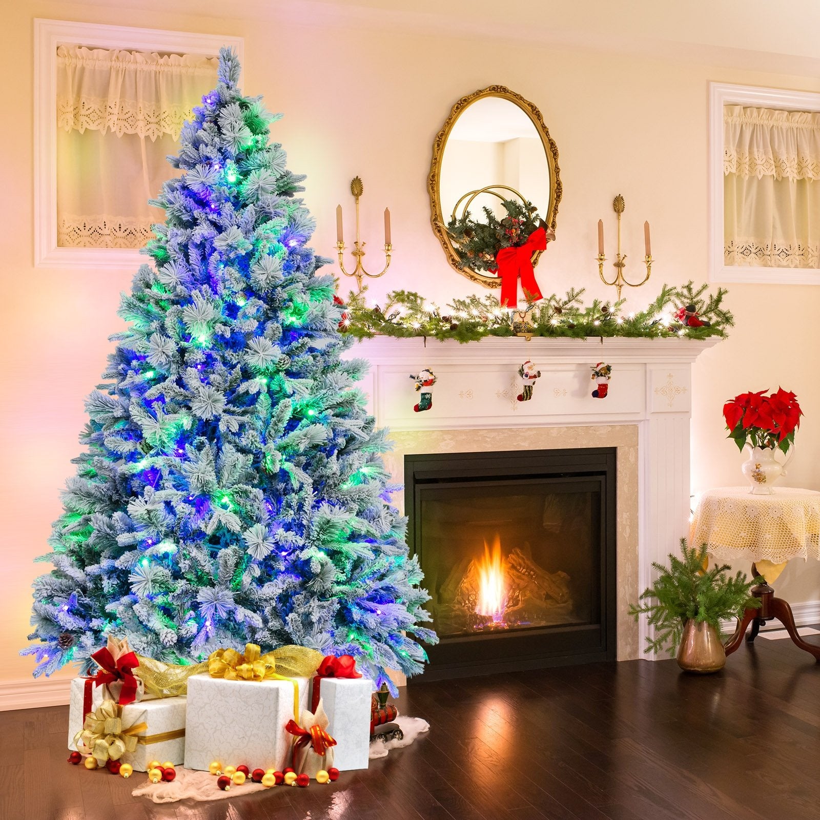 4.5/6/7 Feet Artificial Xmas Tree with Pine Needles and LED Lights-7 ft, Green Christmas Tree   at Gallery Canada