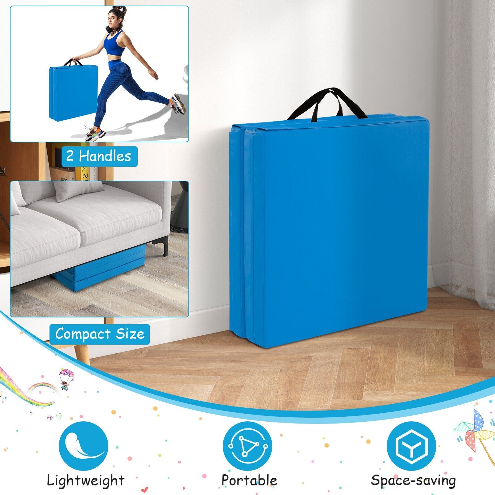 6 x 2 FT Tri-Fold Gym Mat with Handles and Removable Zippered Cover, Blue Yoga & Gym Mats   at Gallery Canada