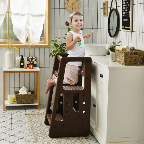 Kids Kitchen Step Stool with Double Safety Rails , Brown