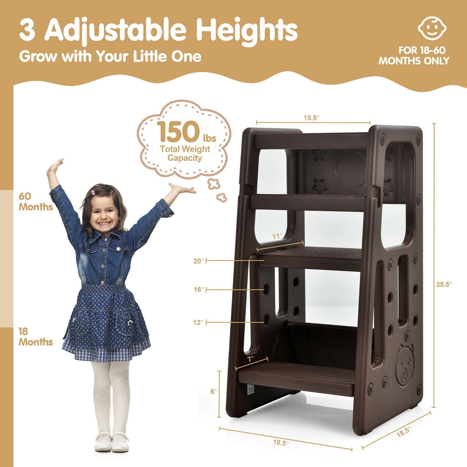 Kids Kitchen Step Stool with Double Safety Rails , Brown Toddler & Kids Furniture   at Gallery Canada