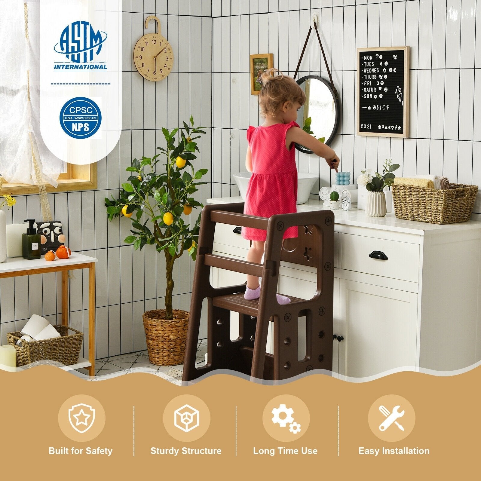 Kids Kitchen Step Stool with Double Safety Rails , Brown Toddler & Kids Furniture   at Gallery Canada