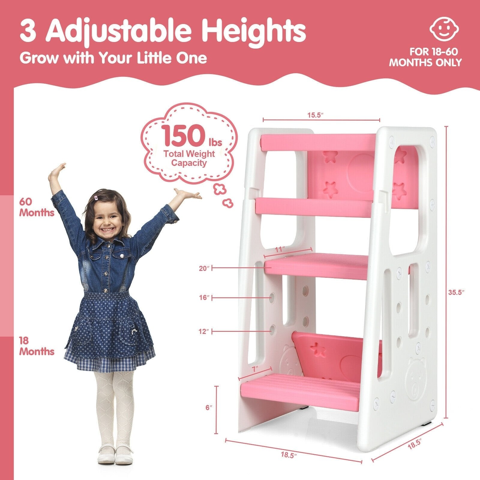 Kids Kitchen Step Stool with Double Safety Rails , Pink Toddler & Kids Furniture   at Gallery Canada