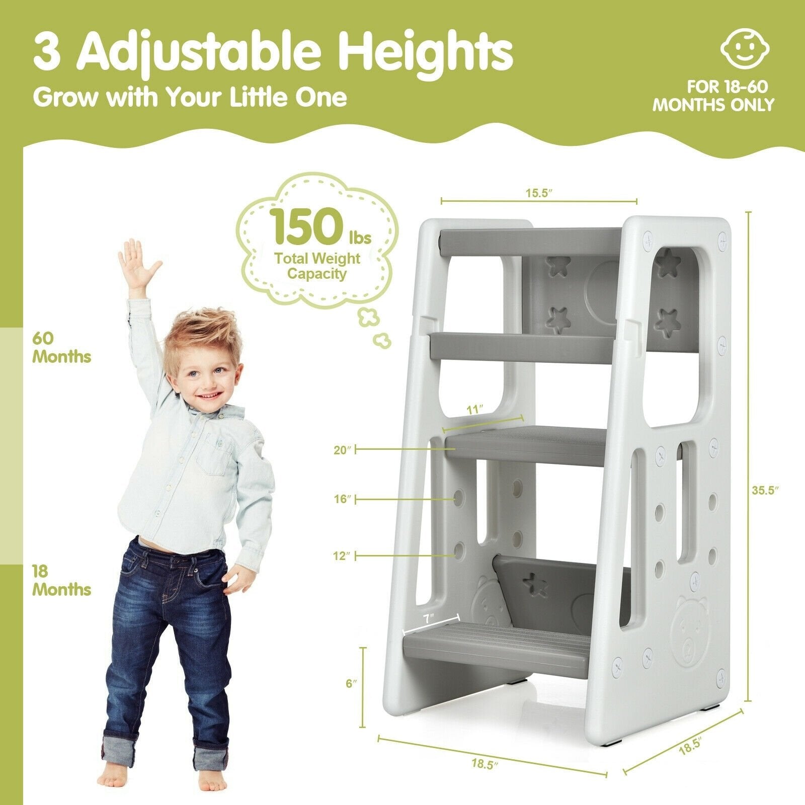 Kids Kitchen Step Stool with Double Safety Rails , Gray Toddler & Kids Furniture   at Gallery Canada