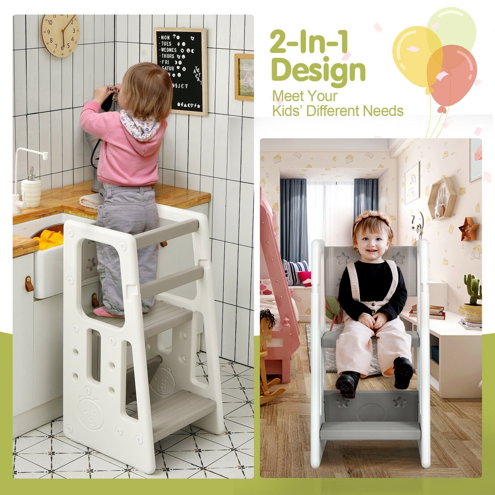 Kids Kitchen Step Stool with Double Safety Rails , Gray Toddler & Kids Furniture   at Gallery Canada