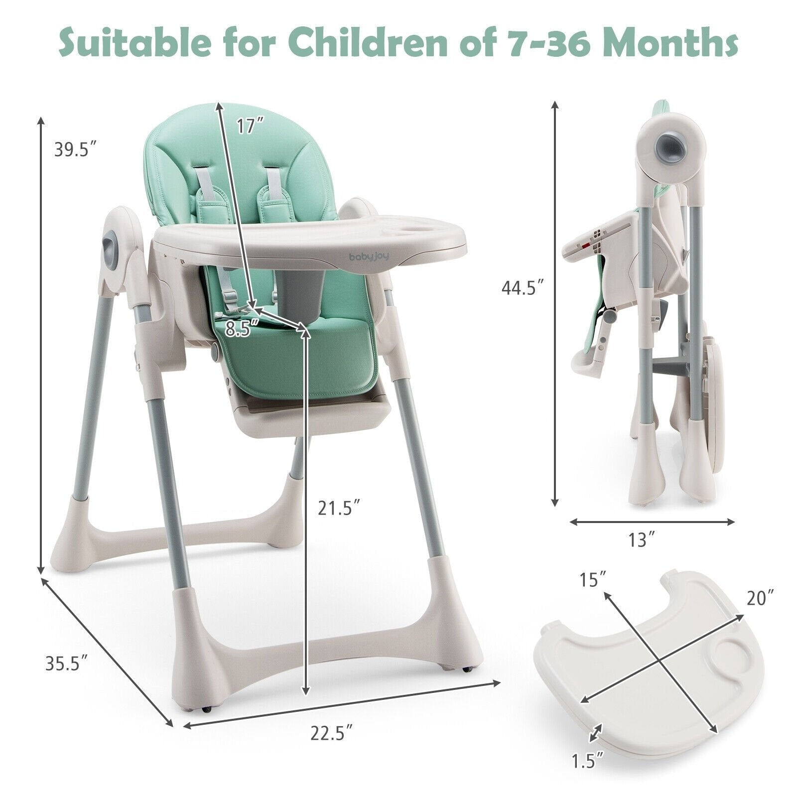 Baby Folding High Chair Dining Chair with Adjustable Height and Footrest, Green High Chairs   at Gallery Canada