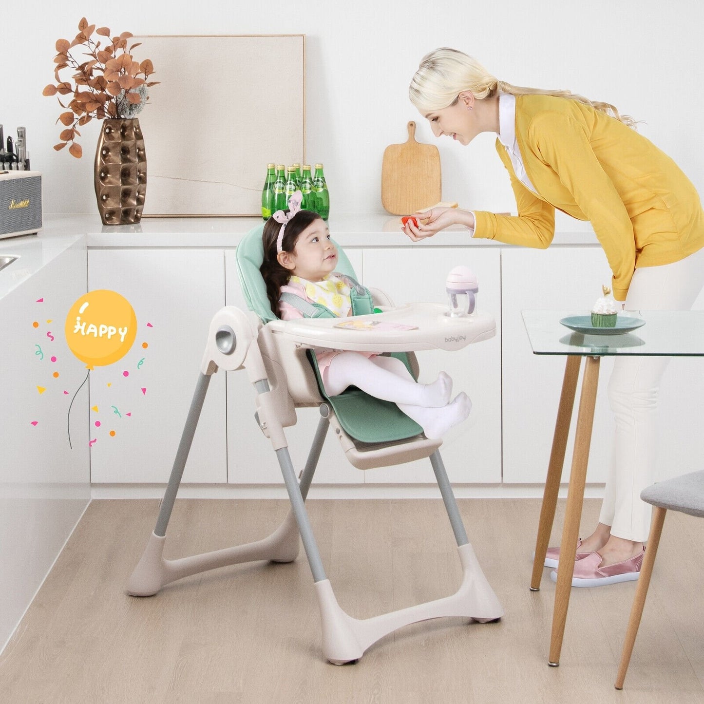 Baby Folding High Chair Dining Chair with Adjustable Height and Footrest, Green High Chairs   at Gallery Canada