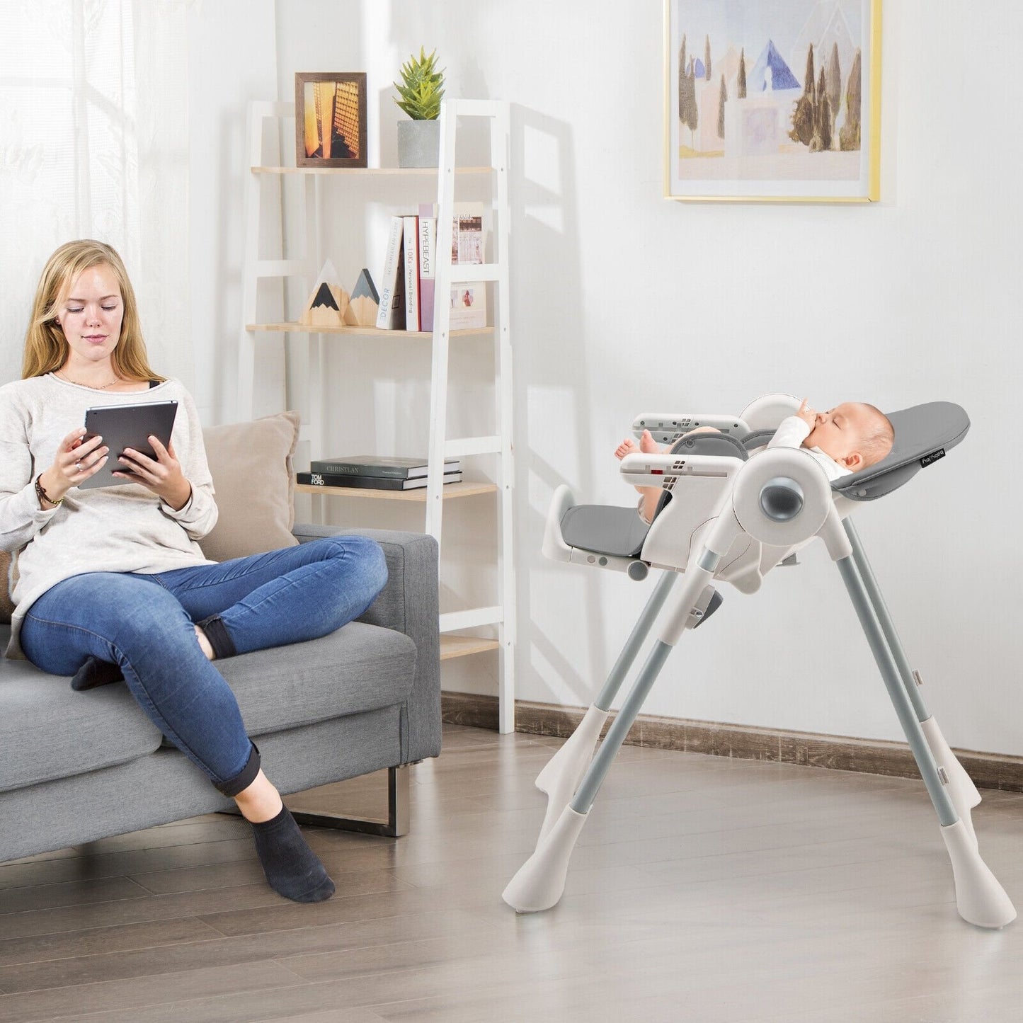 Baby Folding High Chair Dining Chair with Adjustable Height and Footrest, Gray High Chairs   at Gallery Canada