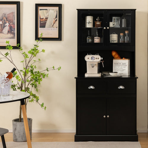 Tall Sideboard with 2 Drawers and Adjustable Shelves, Black