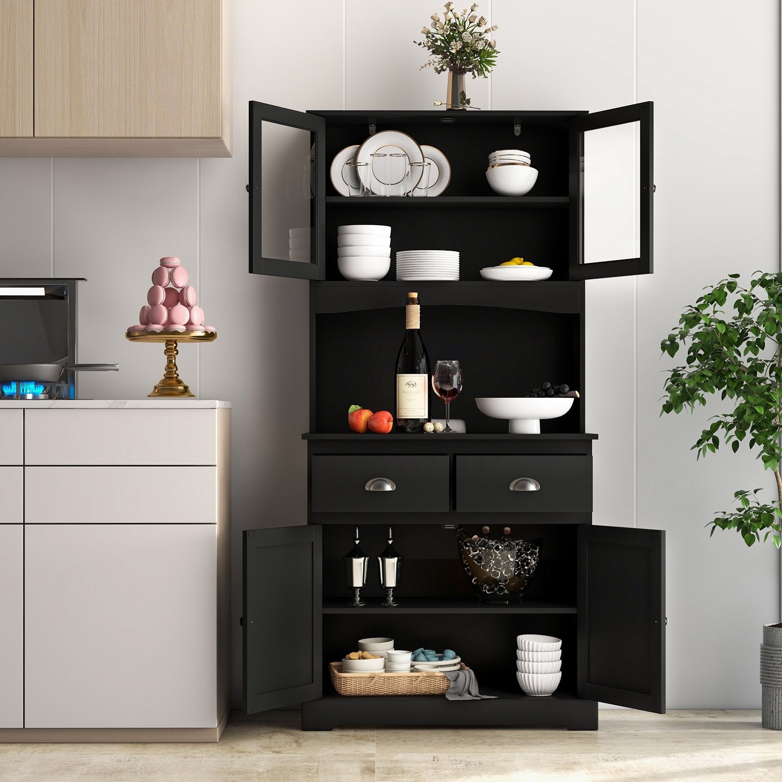Tall Sideboard with 2 Drawers and Adjustable Shelves, Black Sideboards Cabinets & Buffets   at Gallery Canada