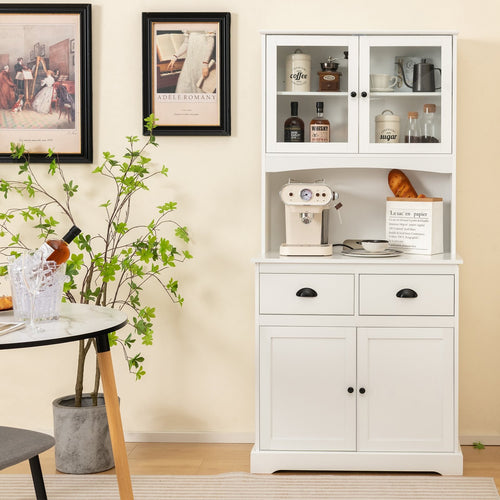 Tall Sideboard with 2 Drawers and Adjustable Shelves, White