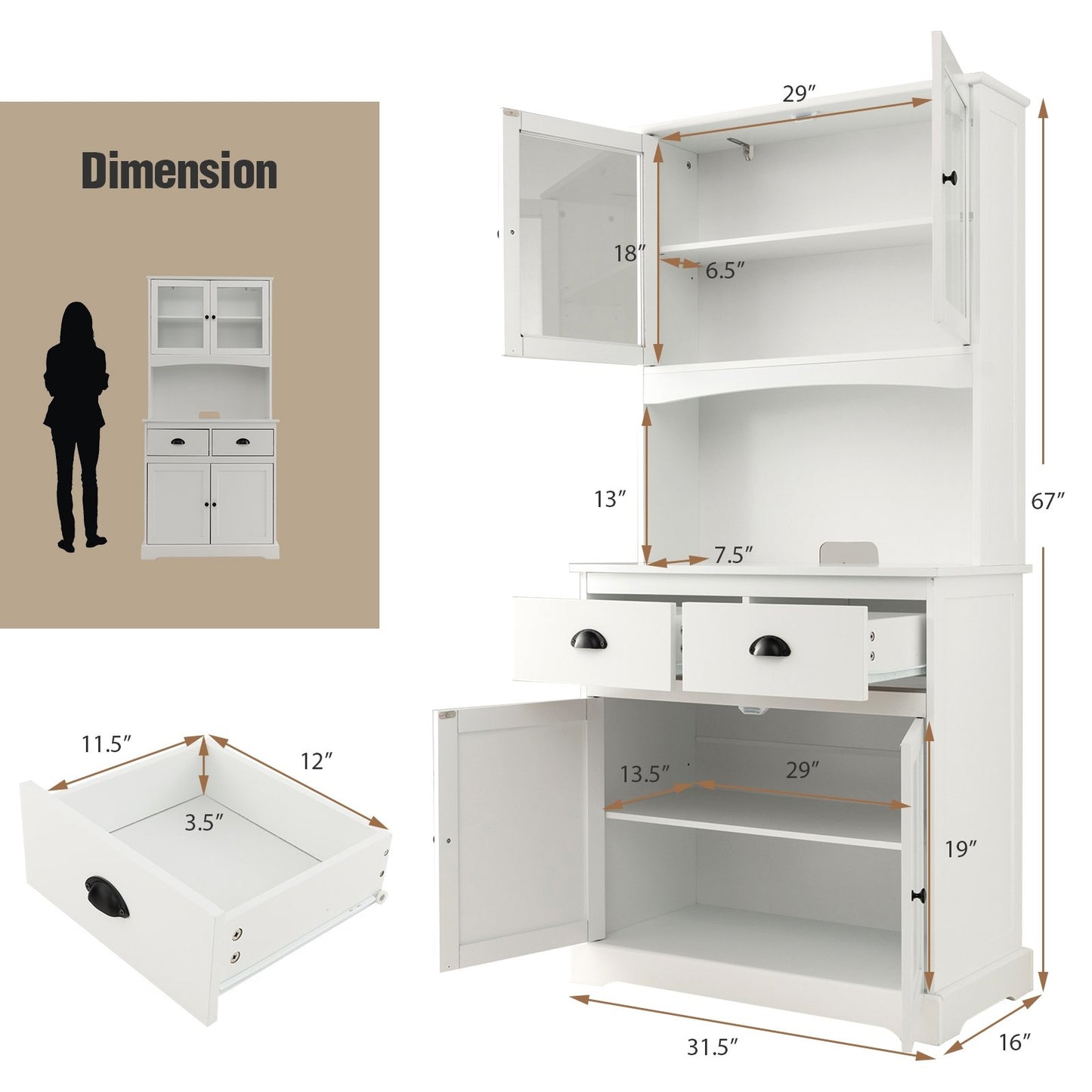 Tall Sideboard with 2 Drawers and Adjustable Shelves, White Sideboards Cabinets & Buffets   at Gallery Canada